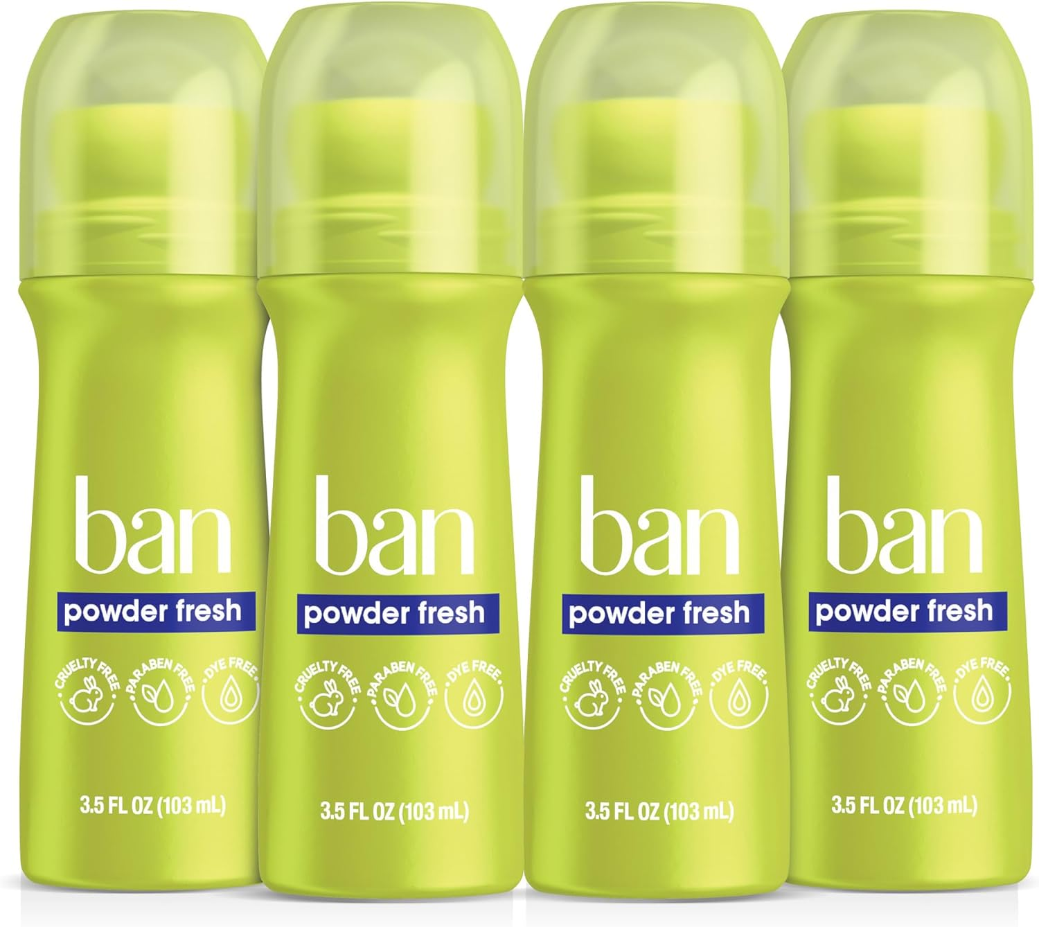 Ban Powder Fresh 24-Hour Invisible Antiperspirant, Roll-On Deodorant for Women and Men, Underarm Wetness Protection, with Odor-Fighting Ingredients, 3.5 Fl Oz (Pack of 4)