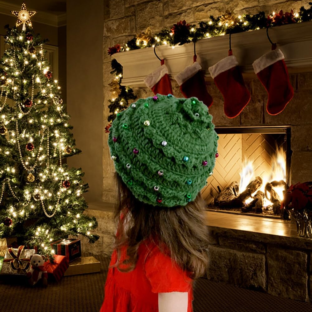 Unisex Christmas Winter Knitted Crochet Beanie Bearded Caps Christmas Tree Knit Hat Warm Hat Green with Stars image number 3