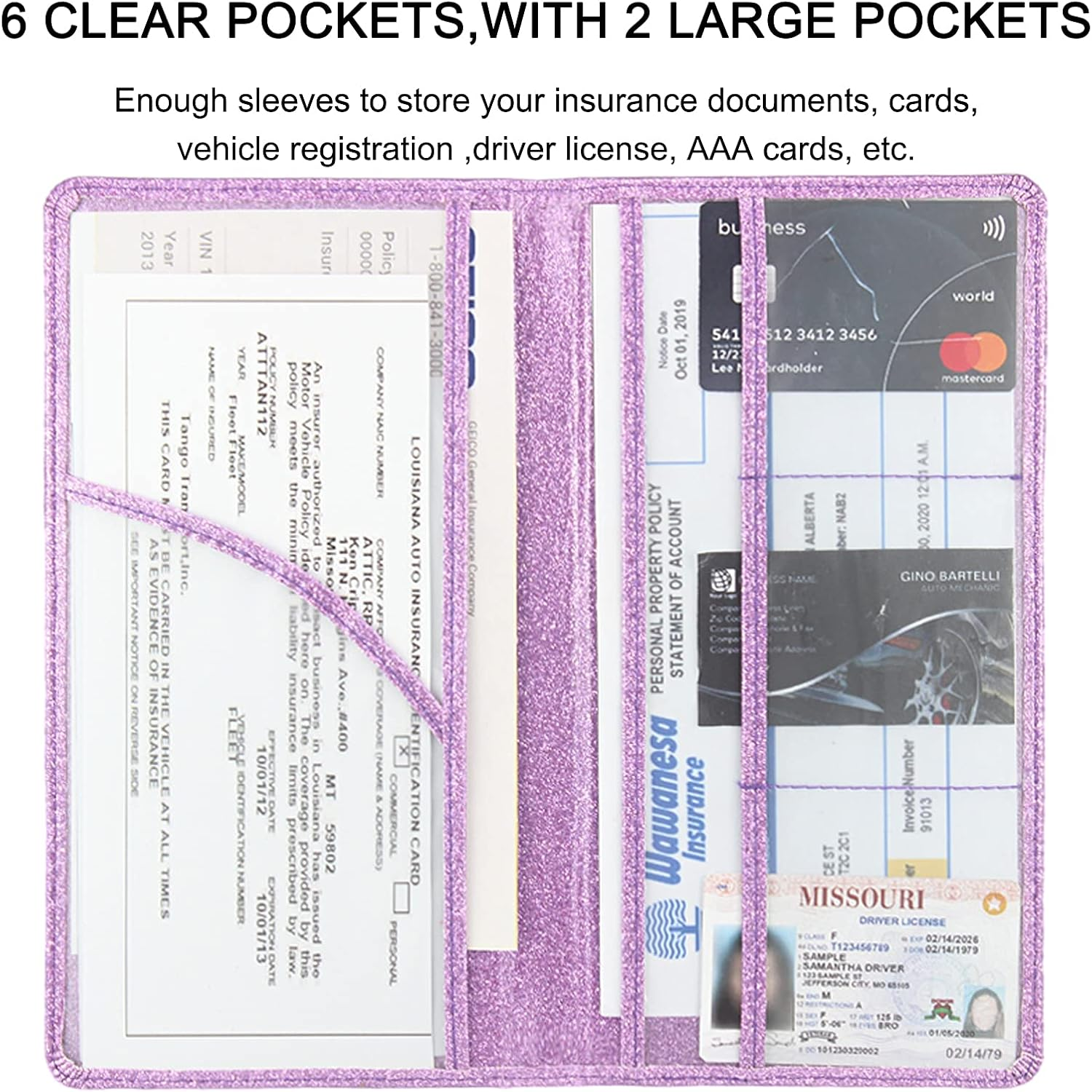 Bodskad Car Registration and Insurance Holder, Premium Leather Insurance and Registration Holder,Vehicle Glove Box Car Organizer, with Magnetic Shut for Cards, Driver License (Glitter Purple) - Glitter Silver A image number 2