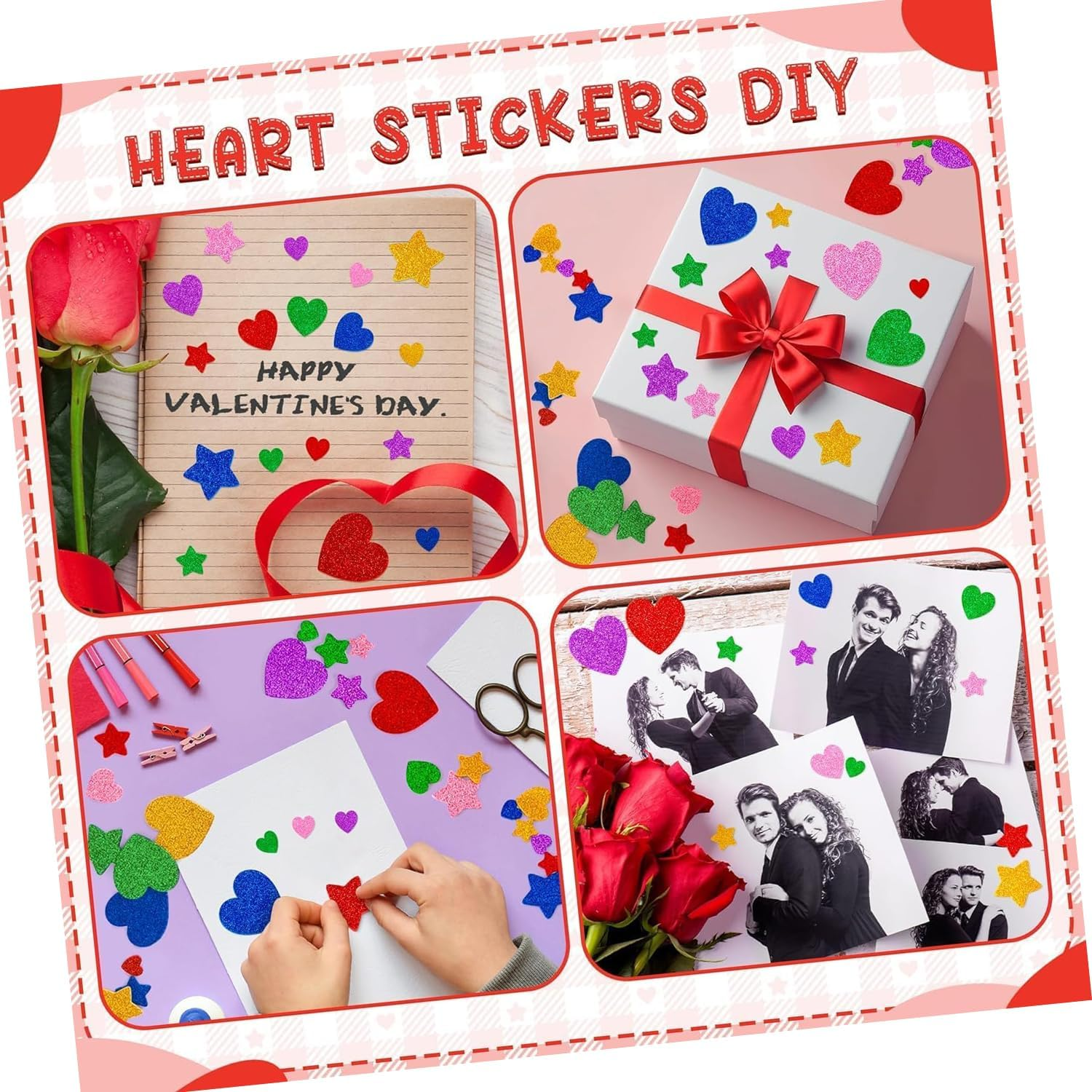 WEZCHUGHAOL 300PCS Colorful Glitter Foam Stickers Set - Self-Adhesive Stars & Hearts for Crafts, Valentine'S Day Cards, Scrapbooking, Home Decor - Sparkle DIY Art Supplies (Mixed Sizes) image number 2