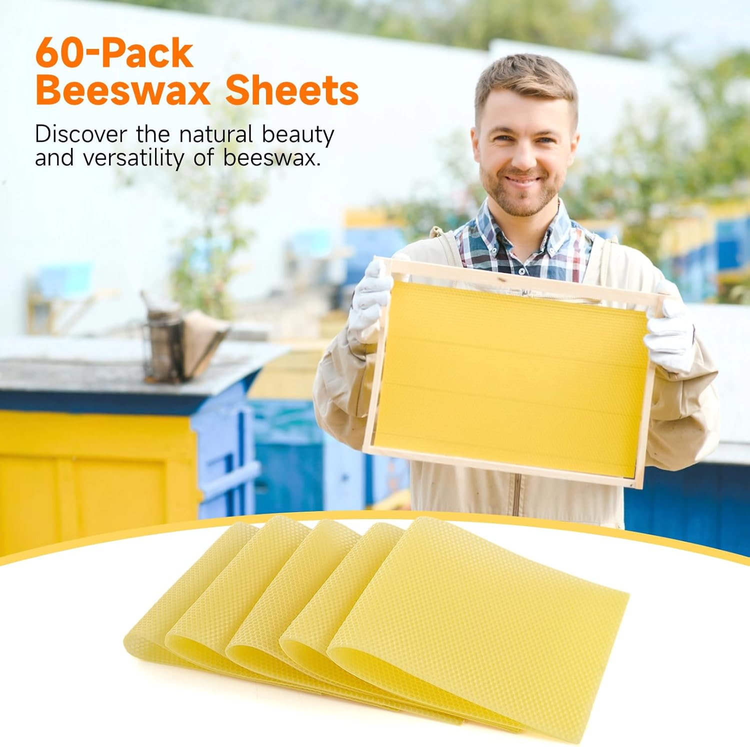 60-Pack Beeswax Sheets, 16-1/3 Inch X 7-2/3 Inch,Beehive Wax Foundation, Beeswax Foundation Sheet, Beeswax for Candle Making Beekeeping