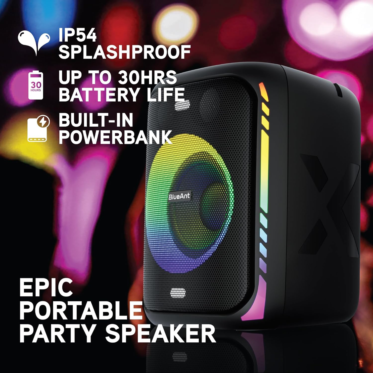 Blueant X5I 120W Bluetooth Party Speaker, Powerful Bass Boost with Dual Wireless Microphones for Karaoke, LED Light Show, Long Battery Life, Built-In Powerbank for Parties and Events, Black image number 4