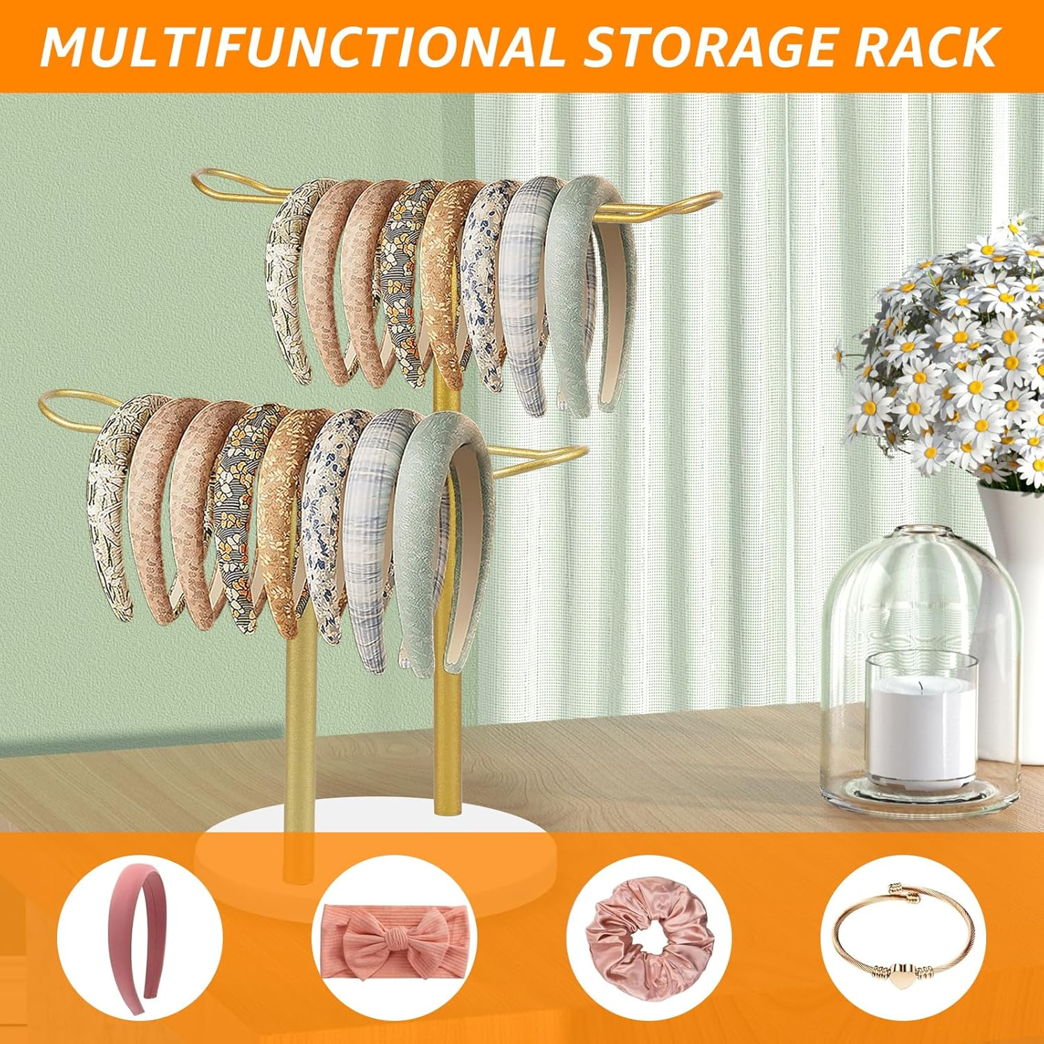 Headband Holder Organizer Metal, Hair Hoop Display Stand, Headband Organizer Storage with Base, Hair Accessories Display Rack, Bracelets Bangle Bedroom Storage Decor for Girls Women (Double Layer) image number 1