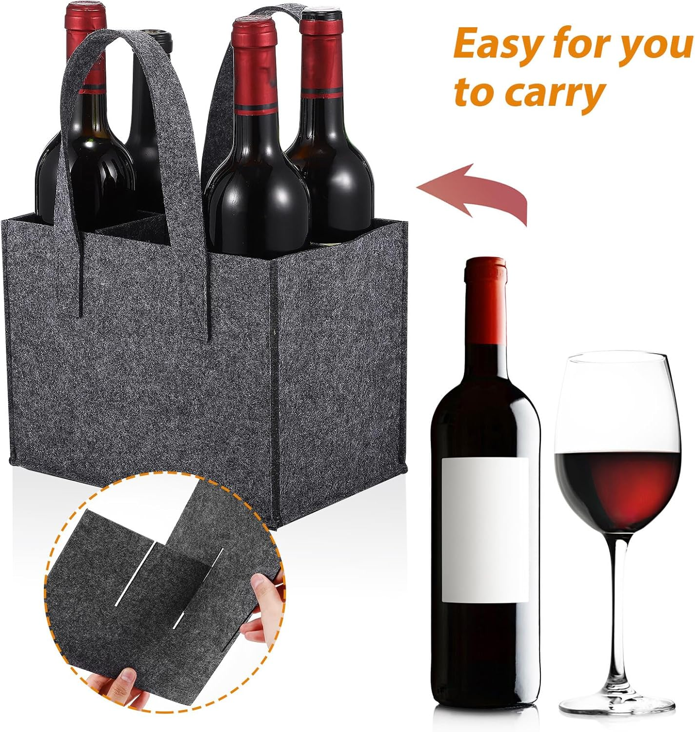 TOPPERFUN Felt Bottle Carrier Wine Handbag 6-Bottle Tote Bag 24X16X16Cm Thick Felt Material Portable Wine Storage Carrier for Travel Picnic Camping 4Pcs image number 6