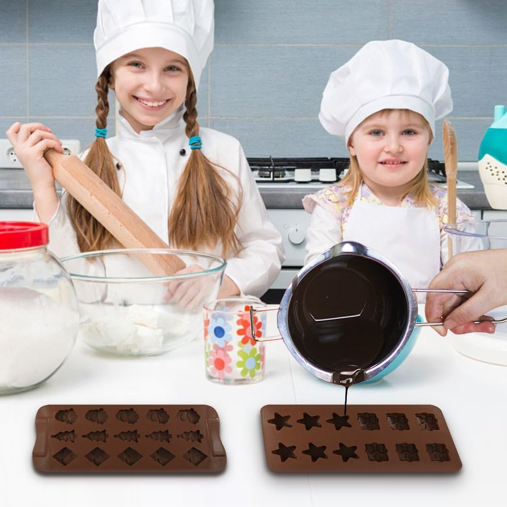 4 Pack Christmas Chocolate Molds, Danzix Chocolate Candy Molds, Cake Decoration, with Shapes of Star, Gift Box, Christmas Tree, Santa Head for Christmas Xmas New Year Cake Decoration image number 3