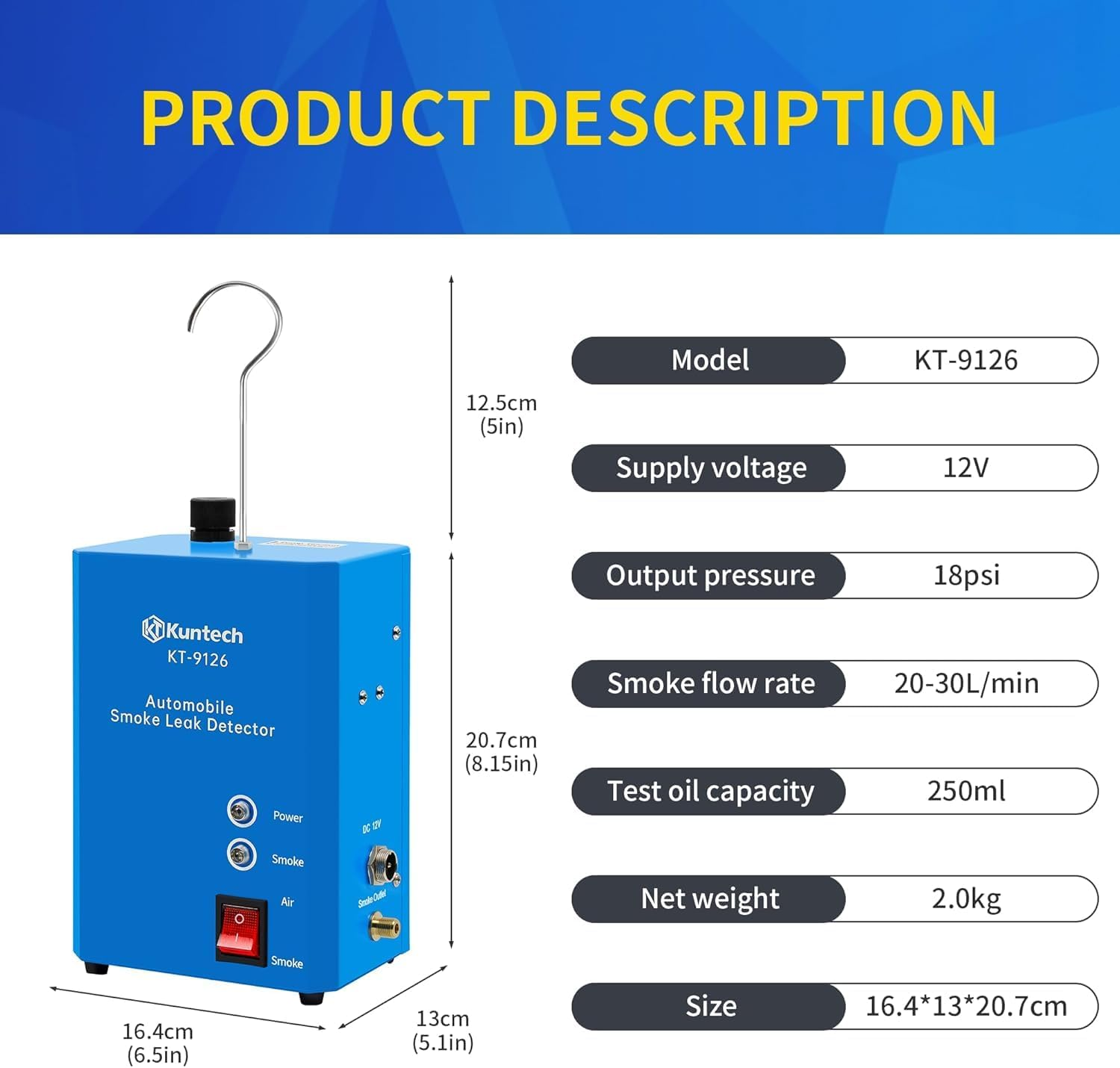 Kuntech Smoke Machine Automotive Built-In Air Pump, 12V DC Smoke Leak Detector for Pipe System, Fuel Leakage, Leakage Diagnostic Tester for Ute, Cars, Trucks, Motorcycle, ATV, Boats, Snowmobiles image number 2