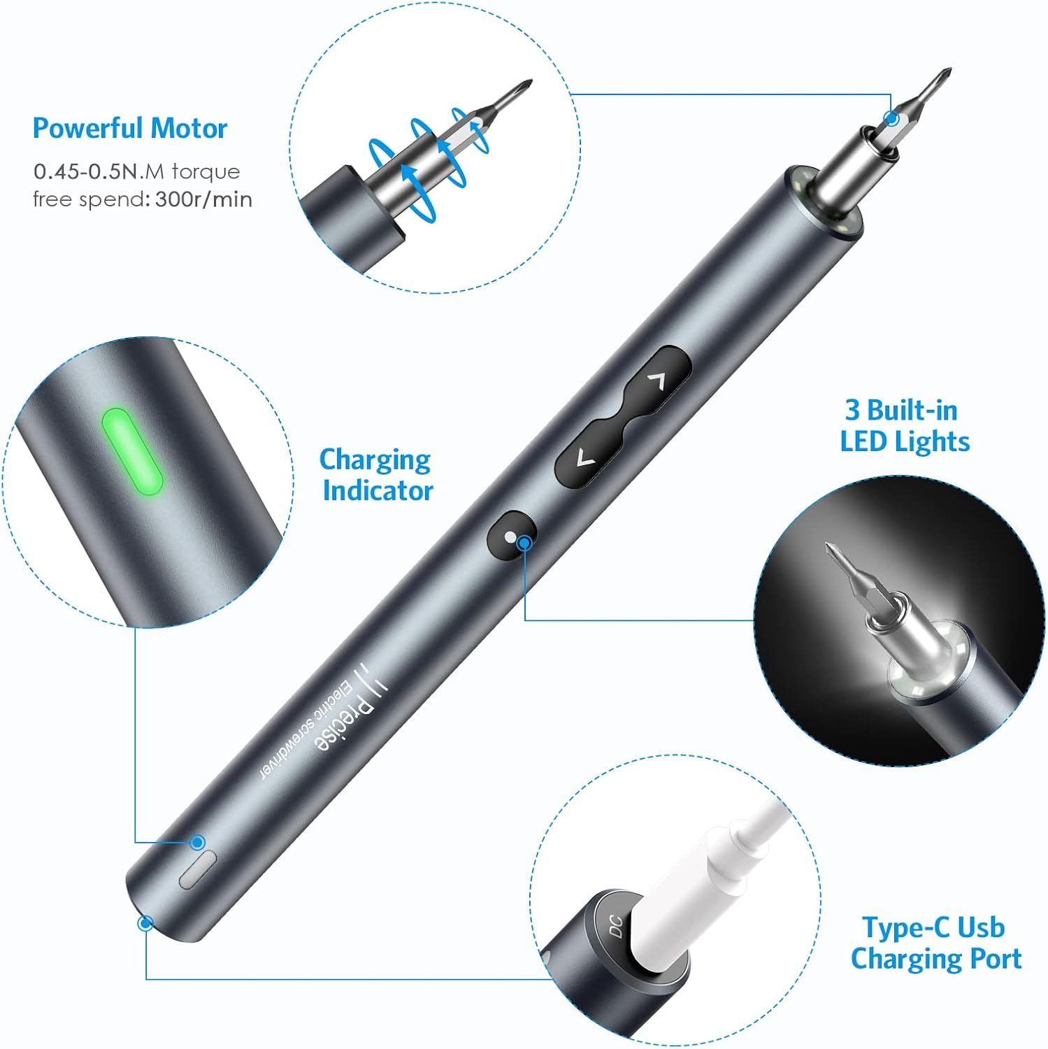 Upgraded 28 in 1 Mini Electric Screwdriver, Precision Power Screwdriver Set, Portable Magnetic Repair Tool Kit with 3 LED Lights USB Cable, 0.45-0.5Nm Electric Torque for Phones Watch Tablet image number 3