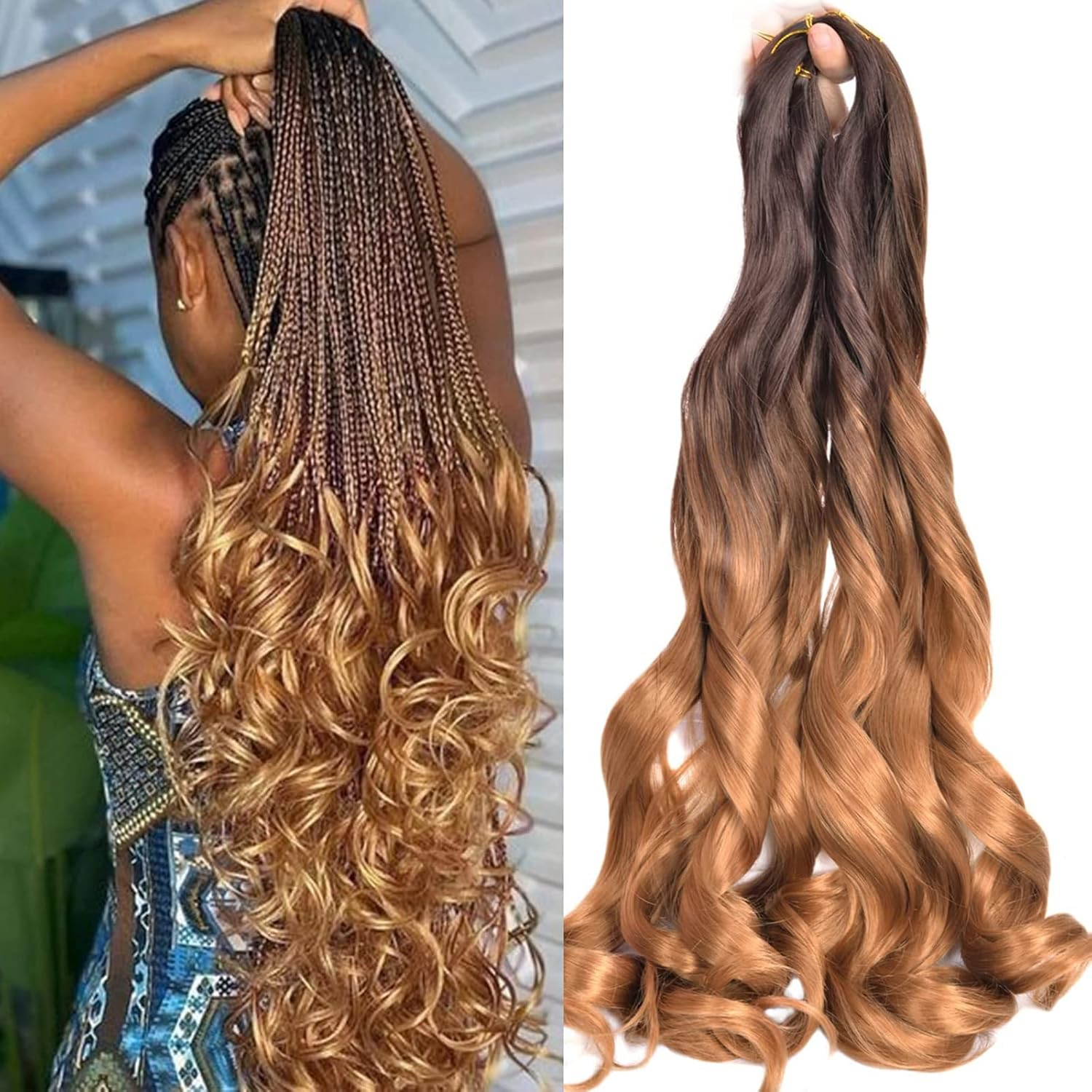 Herkeymidy French Curly Braiding Hair 24 Inch Loose Wavy 8 Pack Bouncy Braiding Hair Extensions 75G/Pack French Curly Synthetic Hair Extensions(P27/613)