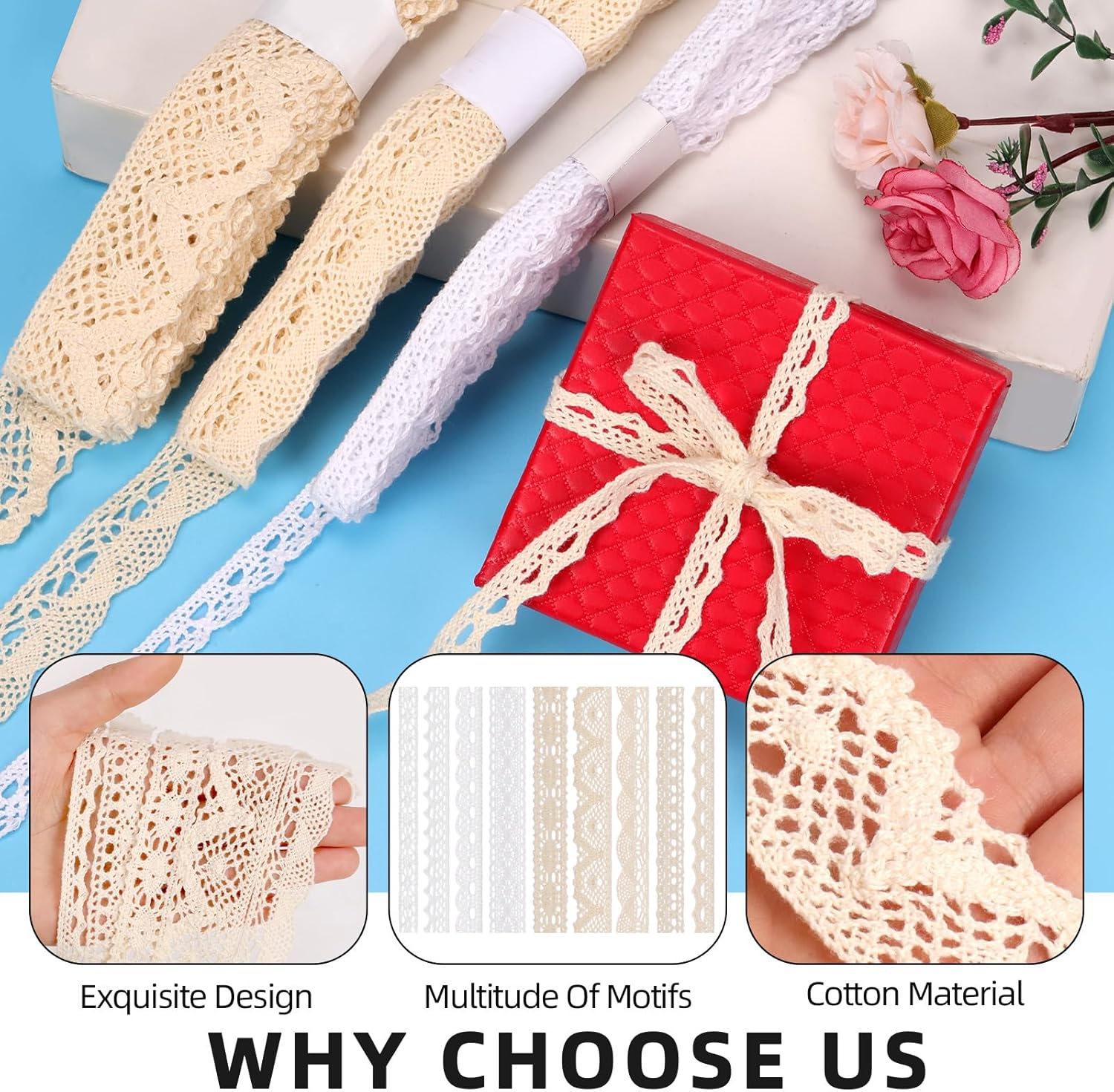 Glarks 9 Rolls 41M Cotton Lace Trim, 9 Styles Beige and White, Vintage Ribbon Cotton Lace Trim, Cotton Crochet Lace Ribbon, Craft Lace Crochet Sewing for Gift Package Wrapping, Wedding Decoration image number 3