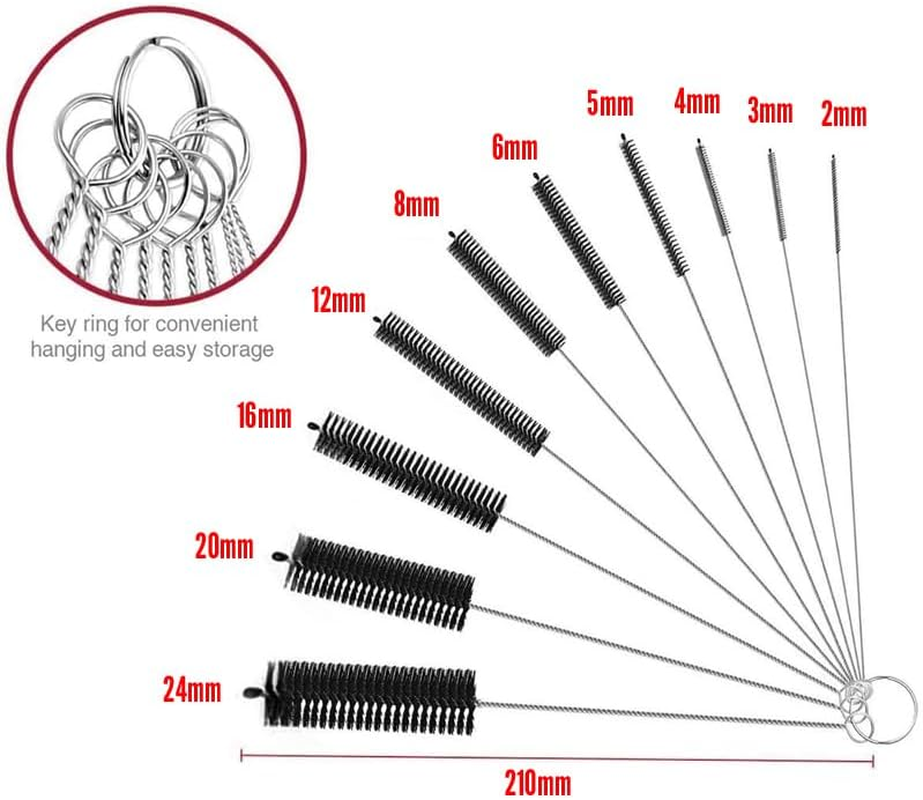 10Pcs Straw Cleaner Brush Set,8 Inch Pipe Cleaner with Key Ring, 2-24Mm Diameter Nylon Bristles for Straw Brush, Bottle, Espresso Machine, Dishwasher Safe, Hard to Reach Spaces Cleaning image number 5