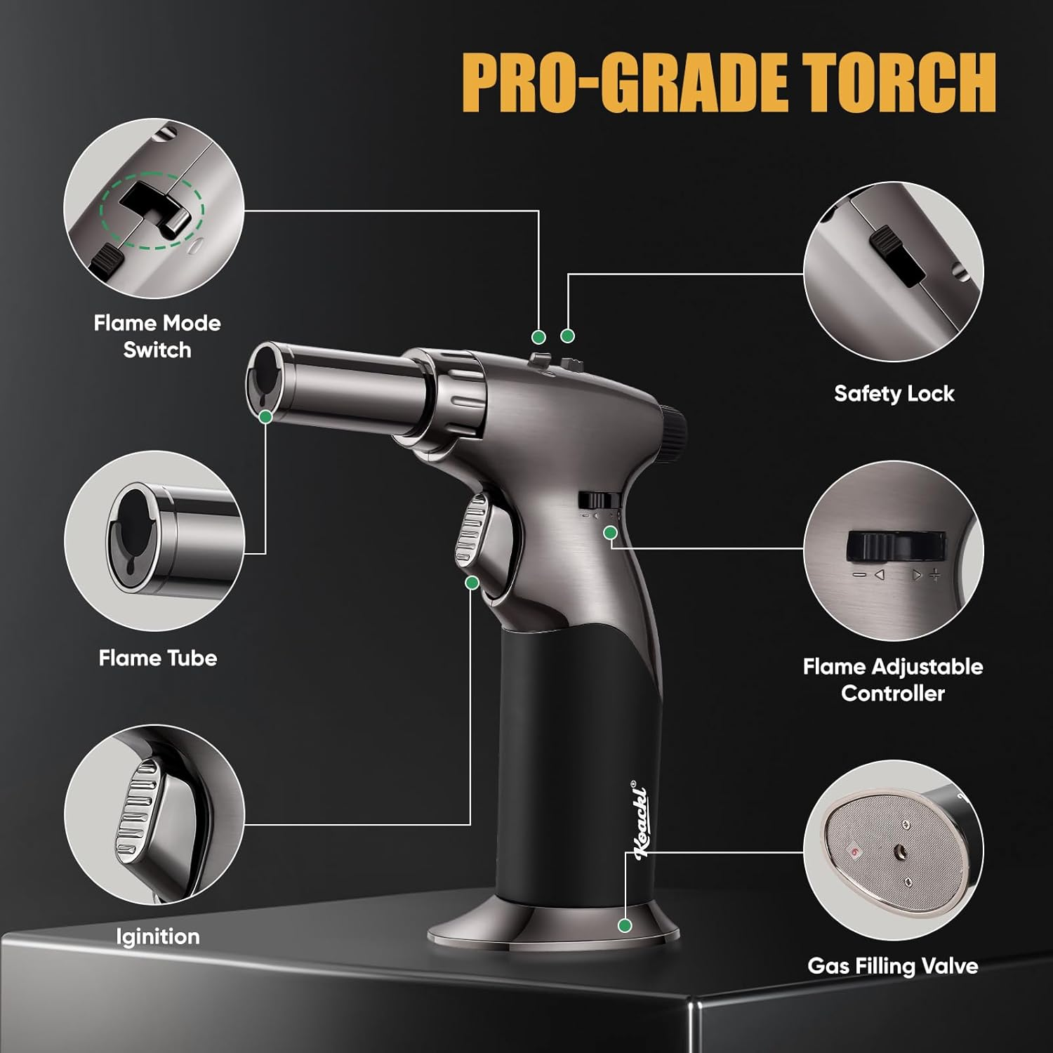 KOACKL Dual Flame Metal Blow Torch, Refillable Butane Torch, Adjustable Flame with Ignition Lock Mini Torch Lighter for Cooking, Creme Brulee, Soldering, Welding (Butane Gas Not Included) image number 4