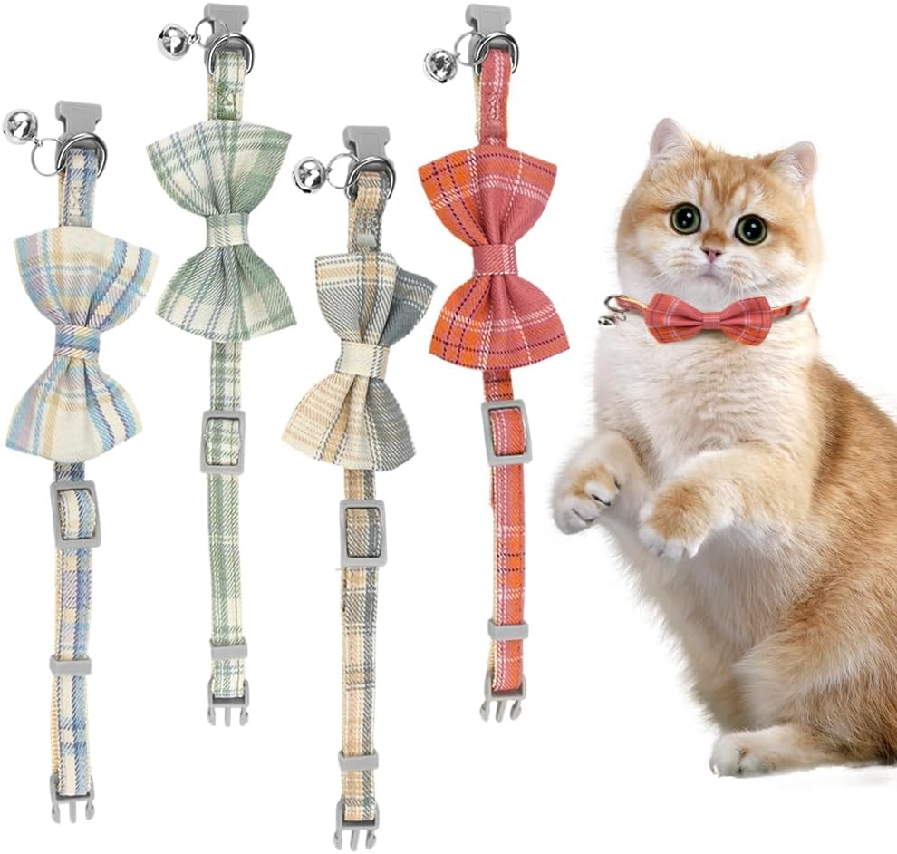 Set of 4 Blue and White Checked Cat Collars with Bow Tie and Bell Adjustable image number 3