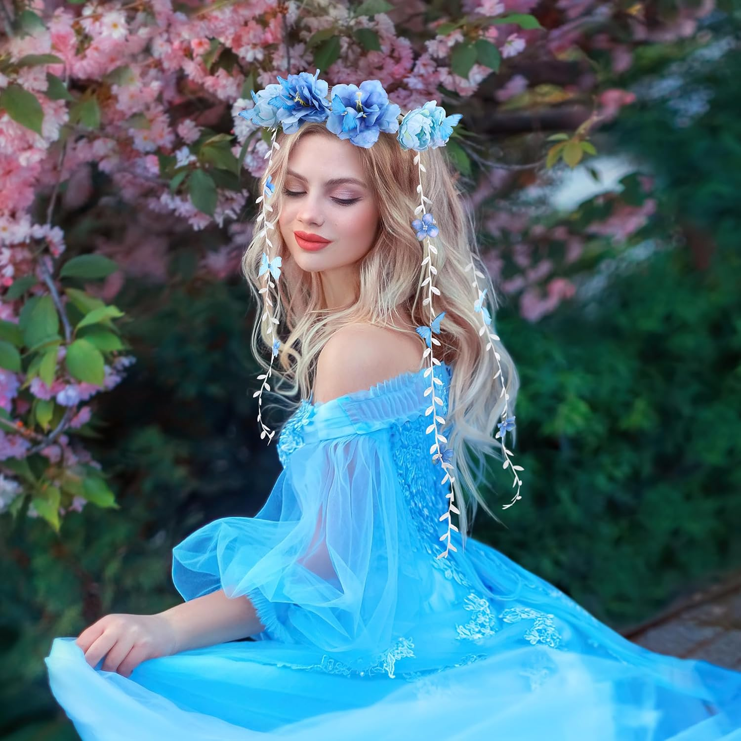 Partyforu Blue Flower Crown Headpiece for Women, Flower Headband with Butterfly, Bohemian Vine Crown, Hippie Flower Headpiece for Wedding, Party, Bridal Shower, Renaissance