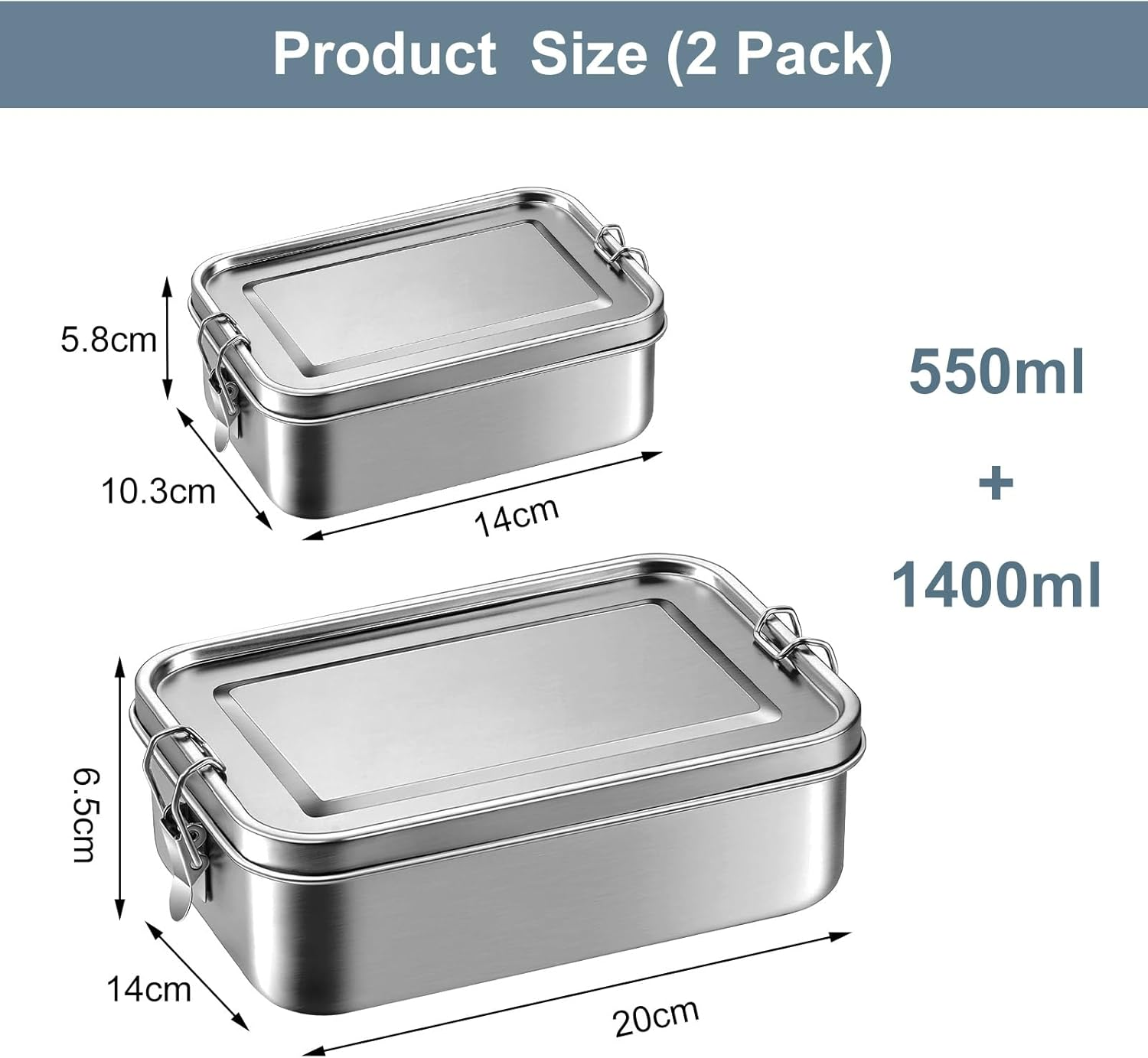 2-Pack Stainless Steel Lunch Box - Leak Proof Metal Lunch Box for Work, School, Bento Lunch Box for Meal Prep, Snack Container and Food Storage (1400Ml + 550Ml)