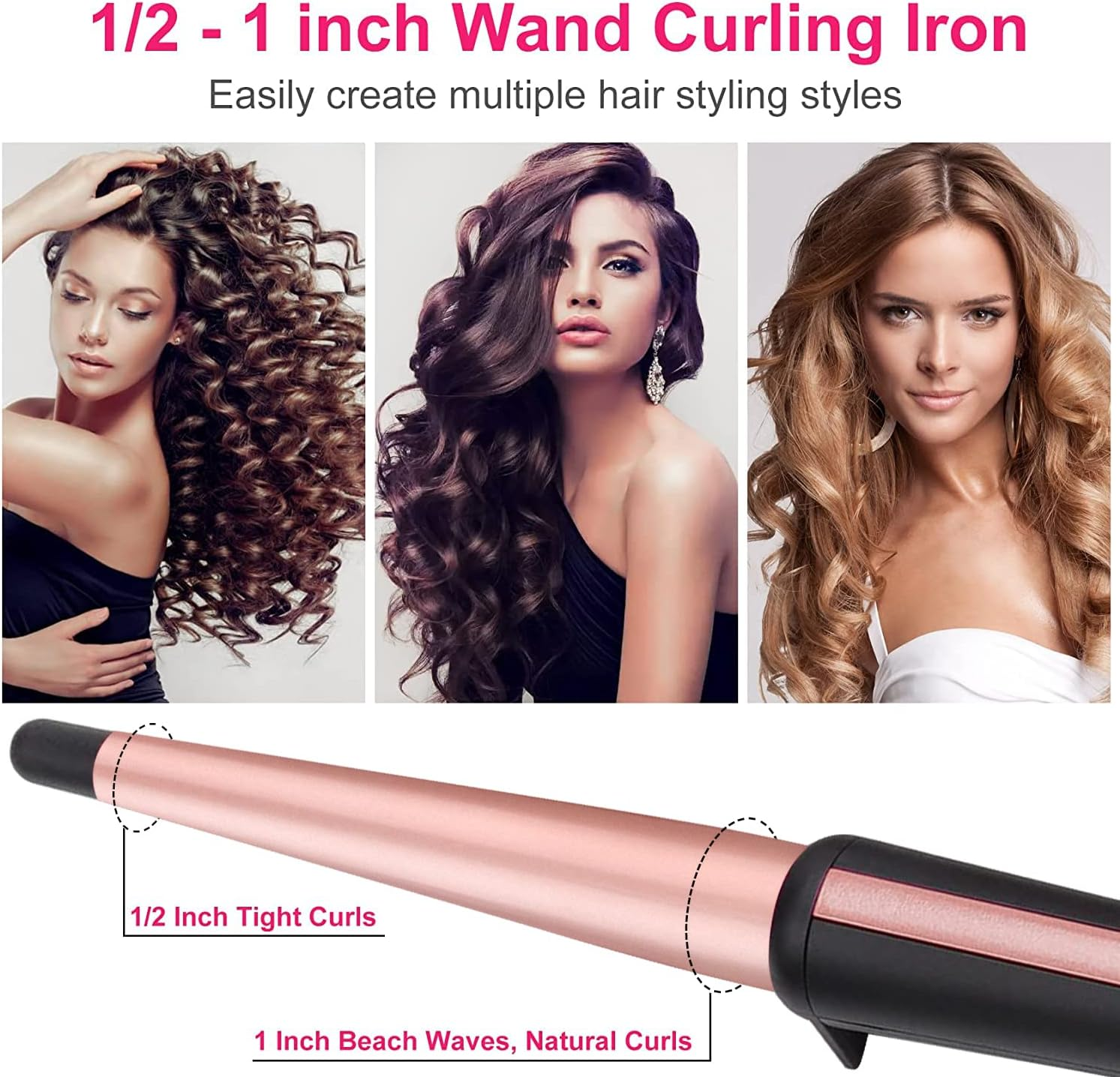 Hair Curling Wand, 0.5-1Inch Tapered Curling Iron, Professional Ceramic Hair Curler Wand with Heat-Resistant Glove, Dual Voltage (Pink) image number 5
