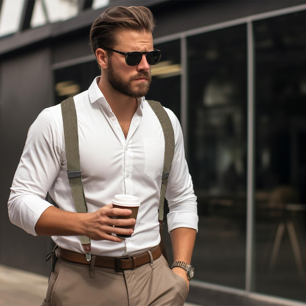 Suspenders for Men Adjustable Y Back Suspenders Elastic Mens Braces Mens Suspender with Strong Metal Clips for Men Women Trousers Jeans Suit Pants Tuxedo, Khaki image number 1
