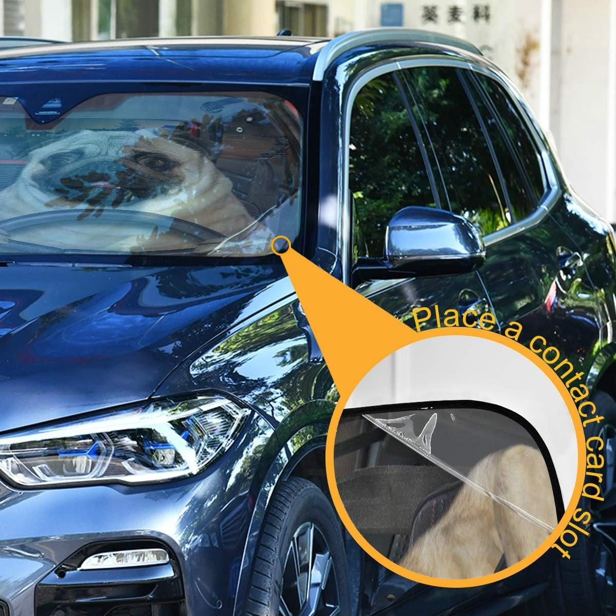 Fun Pug Dog Driving Car Windshield Sun Shade Foldable UV Ray Sun Visor Protector Sunshade to Keep Your Vehicle Cool (55" X 27.6") image number 2