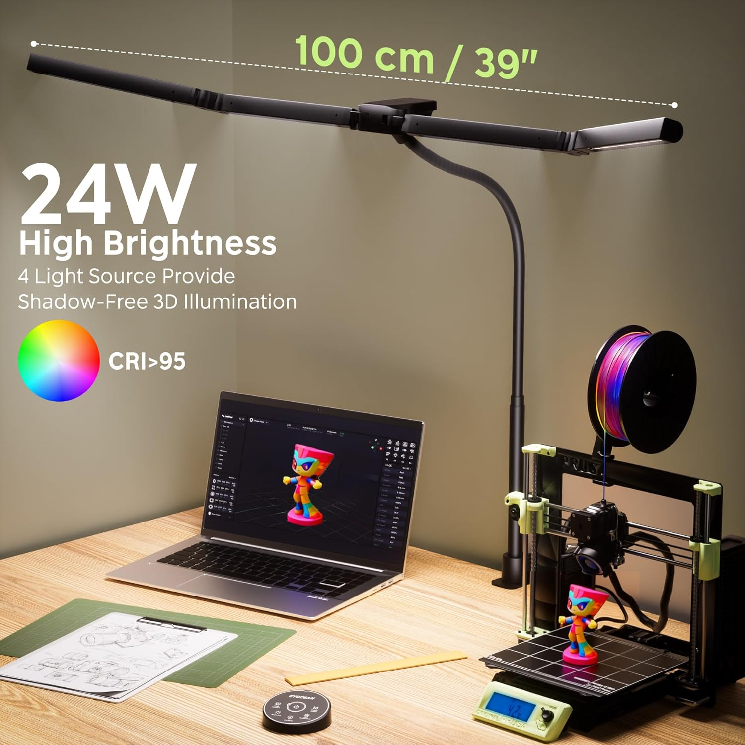 EYOCEAN Desk Lamp, Desk Lamp with 4 Light Sources, 24 W 100 Cm Daylight Lamp Desk with Remote Control, Dimmable Monitor Lamp, Gooseneck Office Table Lamp, Eye Protection PC Lamp image number 6