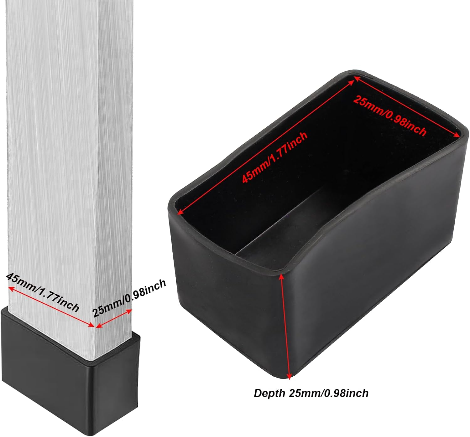 20Pcs Rectangle Furniture Leg Caps 1" X 1-3/4" (25 X 45Mm) - Black Rubber Chair Leg Caps Covers Floor Protectors for Chair, Table image number 6