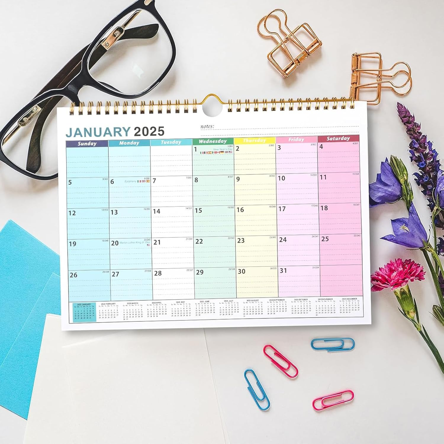 2025-2026 Wall Calendar,18 Monthly Calendar July 2025-December 2026,Thick Paper Easy to Write and Read Notes,11.8 Inch Width 8.6 Inch High, Rainbow Colour-Coded Days, Spiral-Bound image number 3