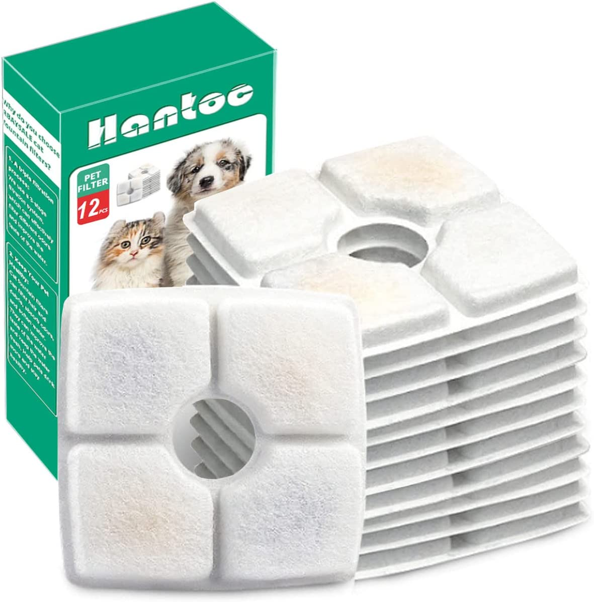 12 Packs Cat Water Fountain Filters, Hantoc Replacement Pet Water Fountain Filters 2.4L for Flower Fountains Replacement Filters with Resin and Active Carbon for Drinking Fountains for Cats and Dogs