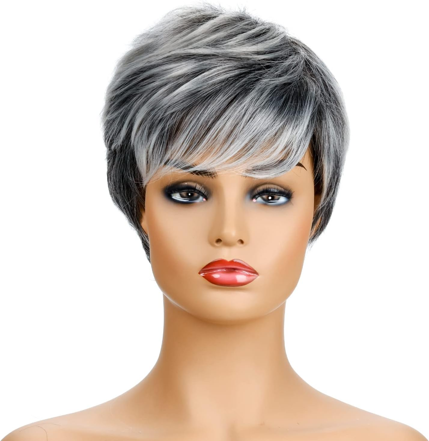 AUBWIG Black Ombre White Short Pixie Cut Wigs Tiered Fluffy with Fringe Natural Straight Heat Resistant Synthetic Short Hair Wigs for Women (Black Ombre White) image number 3