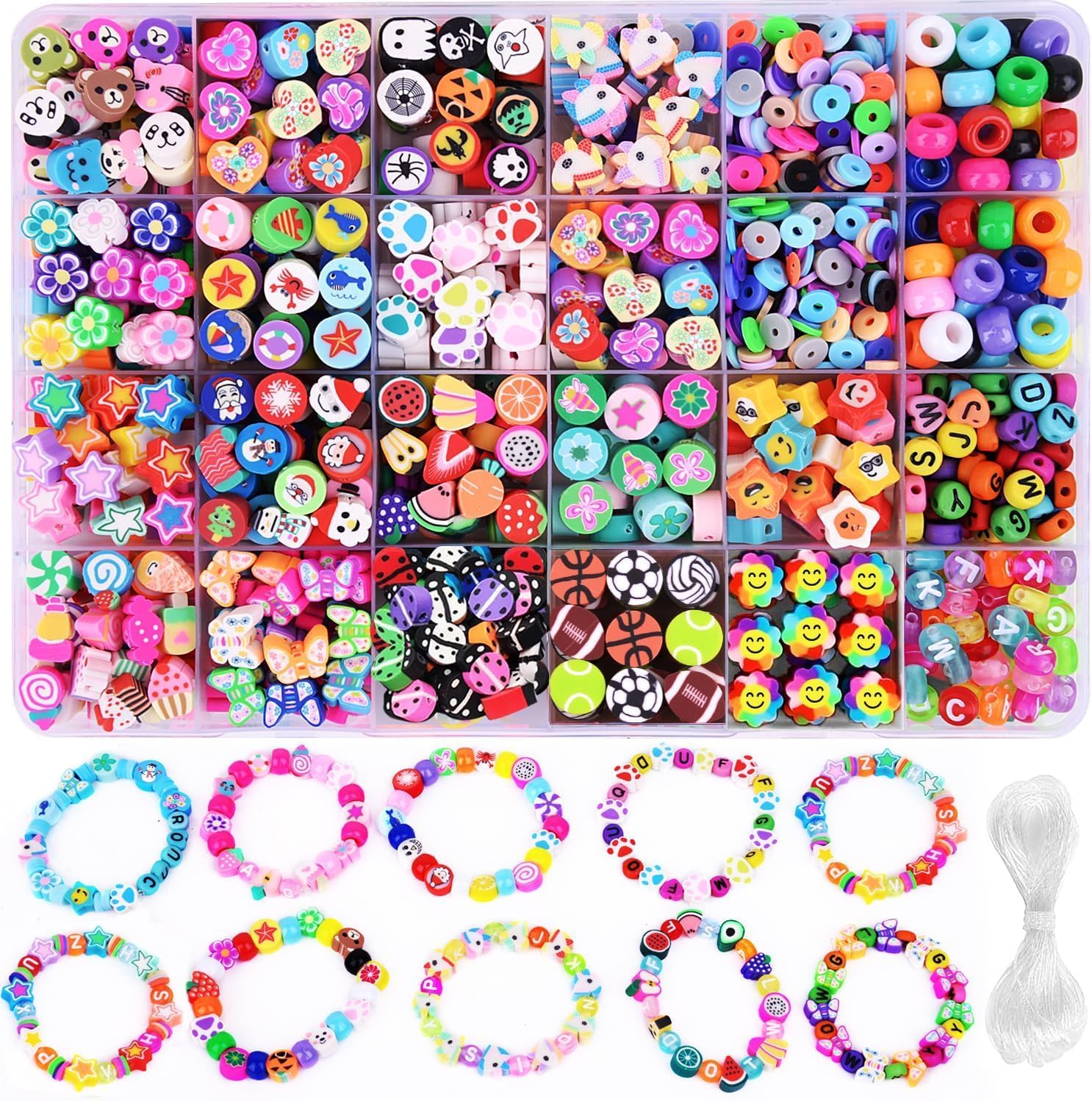1000Pcs Polymeric Clay Beads Kit 24 Fun Styles Fruits Flowers Animals Cake Butterflies Jewelry Making Hearts Necklaces Earrings DIY Accessories for Women And image number 1