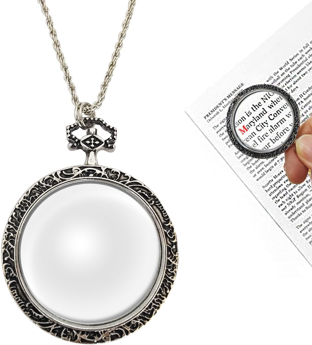 10X Magnifying Glass Necklace Magnifier Necklace Pendant Optical Magnifier with Chain Necklace for Library, Reading, Zooming and Jewelry (Silver)