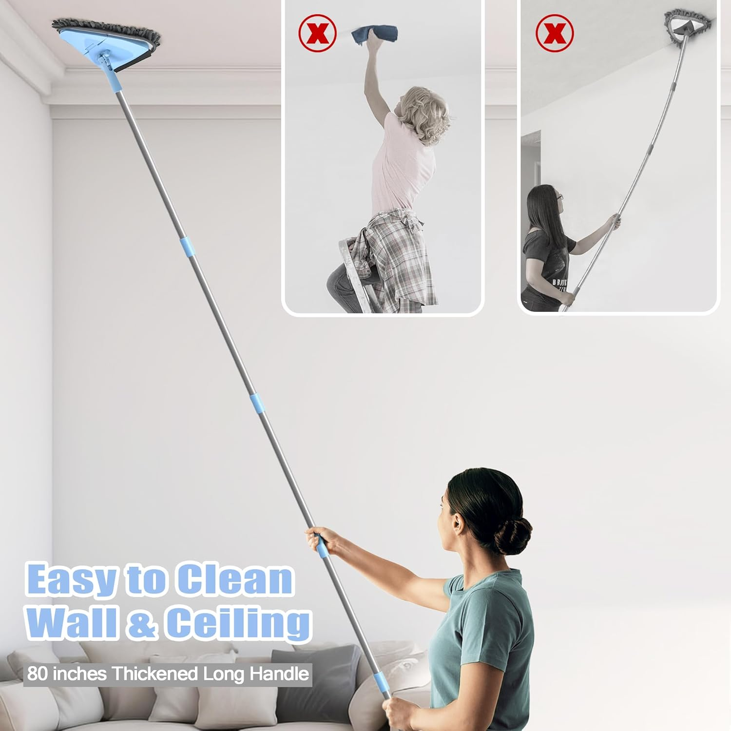 NEWE Wall Mop Cleaner with 202 Cm Long Handle, 180&deg; Folding Ceiling Cleaning Tool with Squeegee, Triangle Baseboard Scrubber with 4 Chenille Duster and 2 Microfiber Pads for Washing Painted Walls image number 6