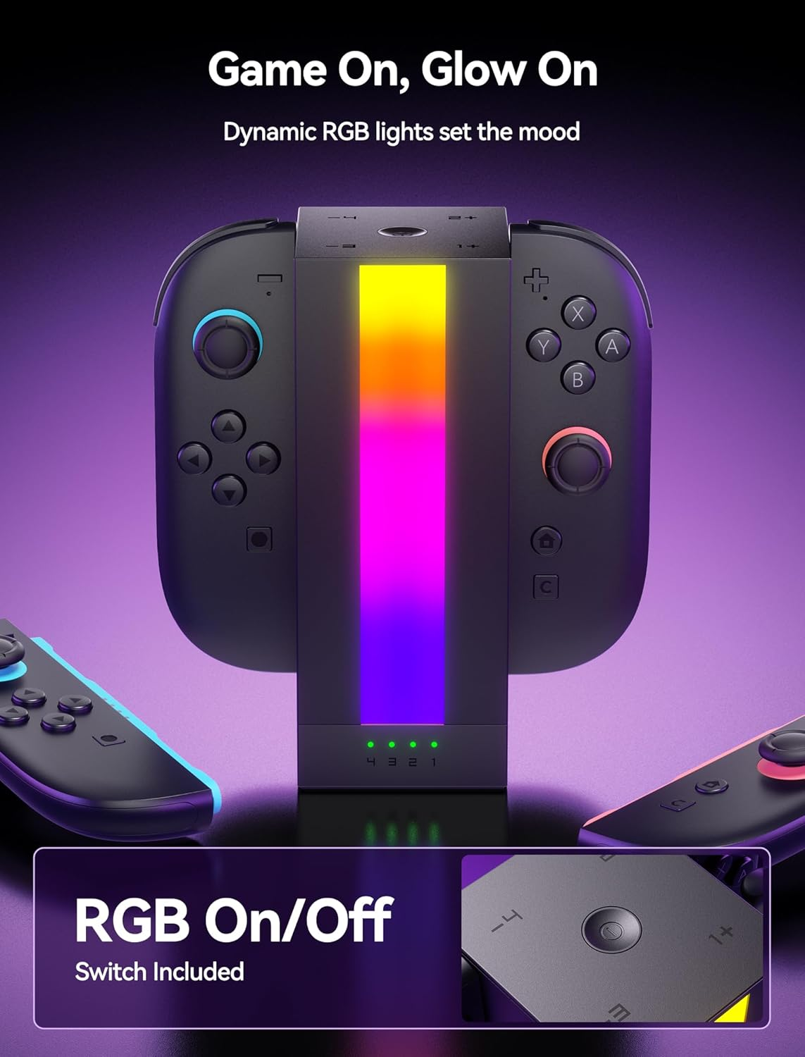 JSAUX Energyflow Charging Dock for Nintendo Switch 2 Joy Con Controllers, 4-In-1 RGB One-Touch Charger Station LED Indicator, Switch2 Joy Con Accessories with 5FT USB C Cable image number 5
