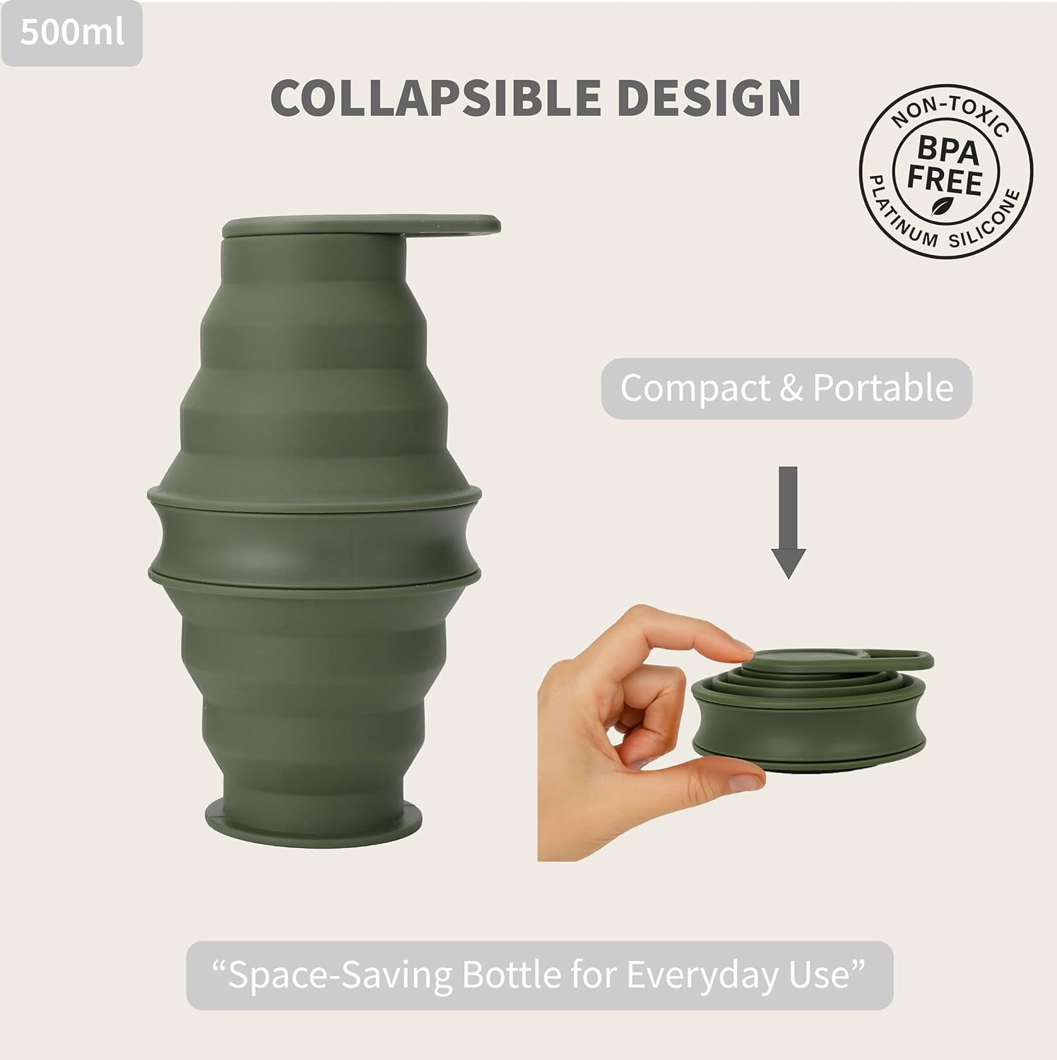 AUSROUTIA Collapsible Travel Water Bottle 500Ml &ndash; Reusable & Leakproof Drinking Bottle with Screw-Top Lid, Protective Case & Carabiner | BPA Free Silicone, Portable for Sports, Hiking & Camping image number 1