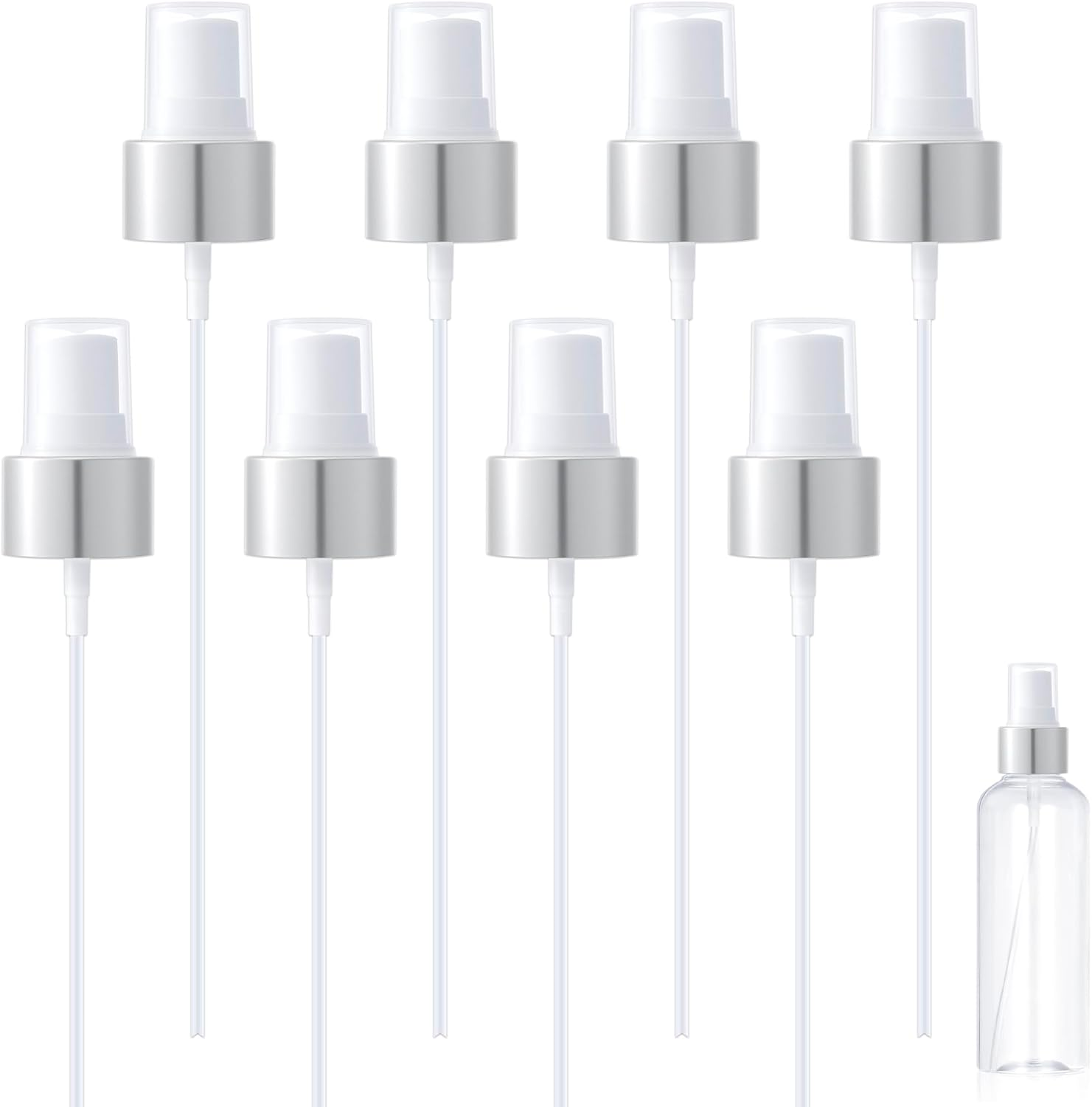 Alpinleux 8 Pcs Spray Bottle Top, 24/410 Fine Mist Sprayer Top, Nozzle Sprayer Tops Replacement, Plastic Fine Mist Sprayer Pump for Essential Oil, Cleaning Solutions (24/410 Cap Size, Silver)
