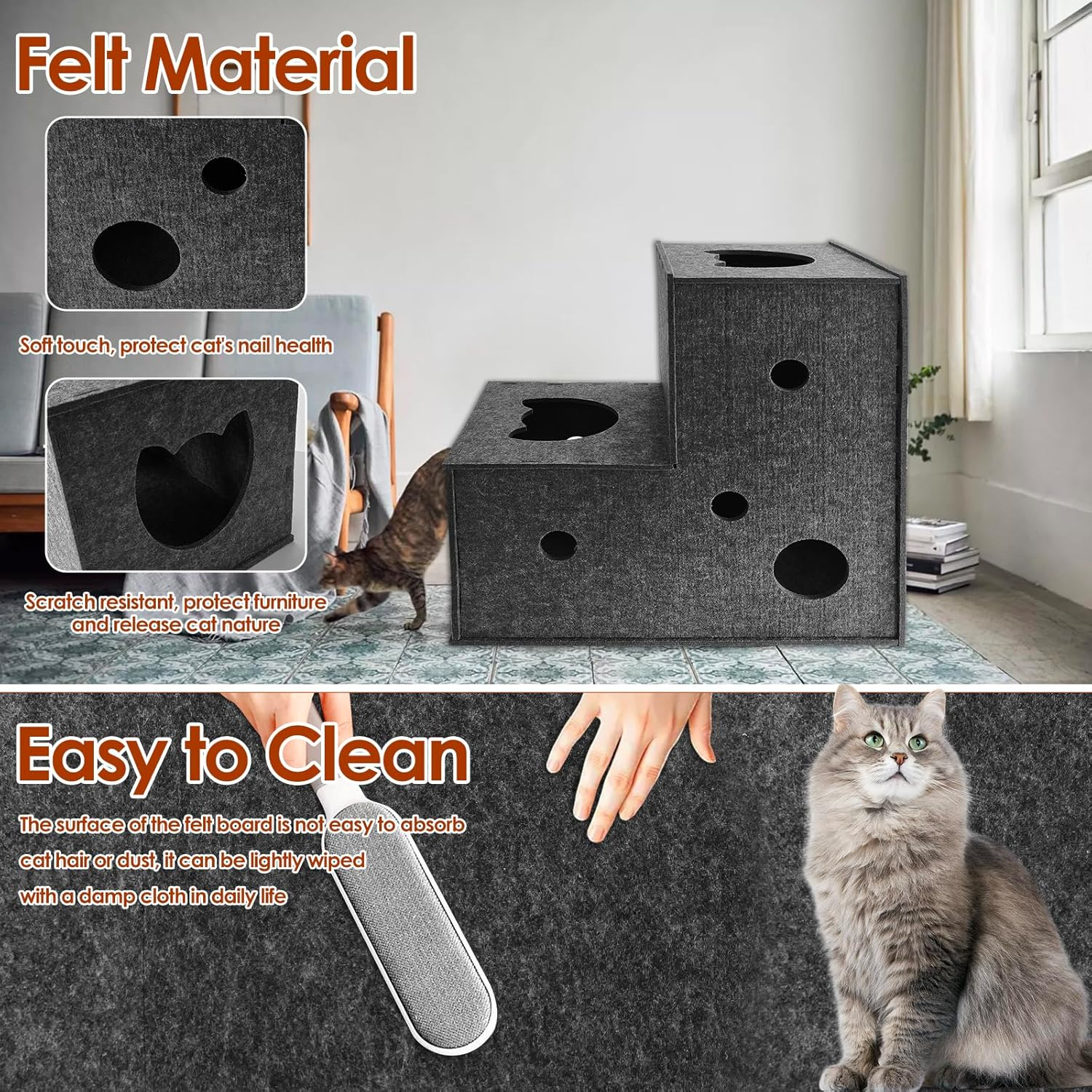 Cat Tunnel for Indoor Cats,Diy Transformable Cat Hideaway Cave,Kitten Play Tubes and Tunnels,Felt Peekaboo Cat Toy with Interactive Peek Holes (Grey, L-Shape Tunnel) image number 2