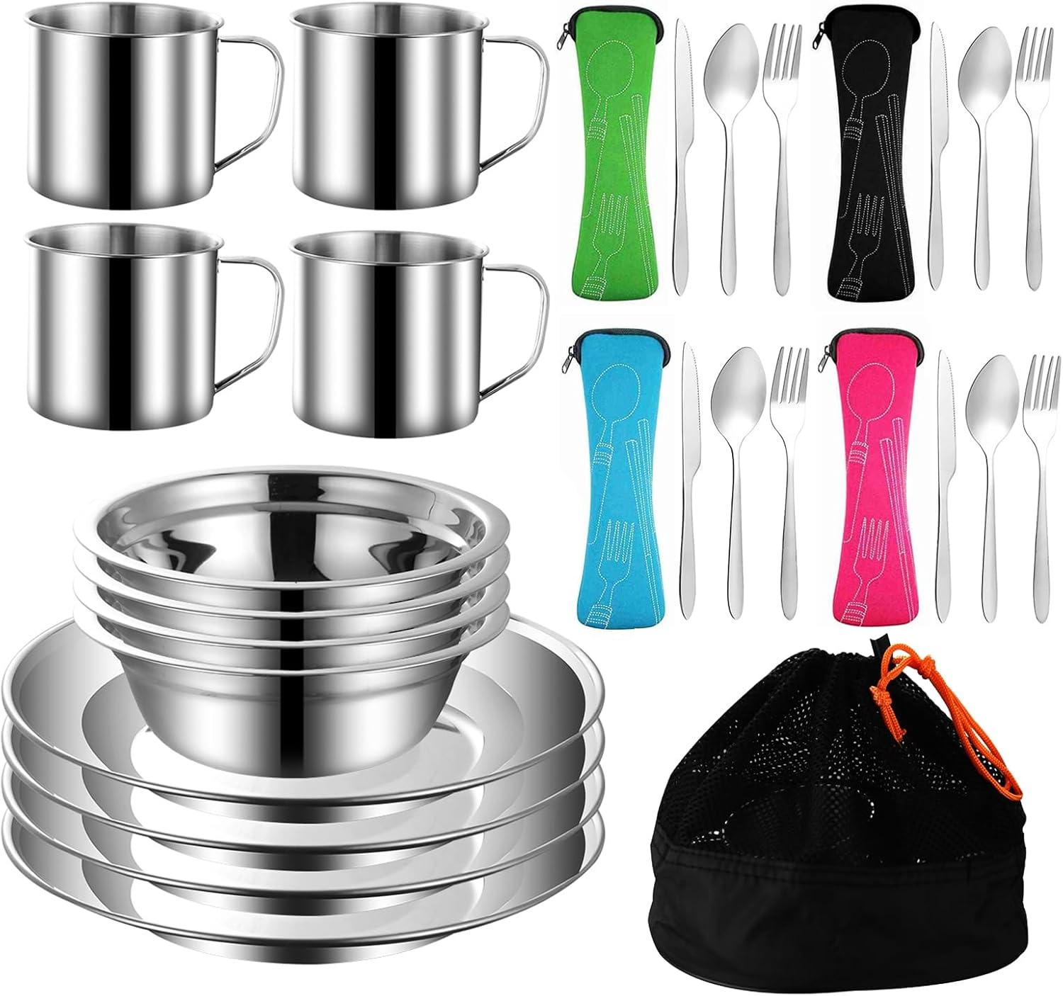Jorunhe 29Pcs Outdoor Camping Tableware Kit Stainless Steel Tableware Mess Kit Includes Plate Bowl Cup Spoon Fork Knife in Mesh Bags for Camping Backpacking & Hiking for 4 Person Silver image number 5