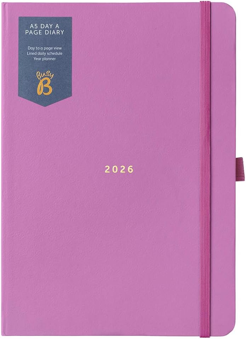 Busy B 2026 A5 Diary Day-A-Page Planner for Students, Professionals & Teachers - Navy Spray Print with Gold Foil, Jan - Dec, Elastic Closure & Ribbon Marker - Organizer for Desk or Handbag
