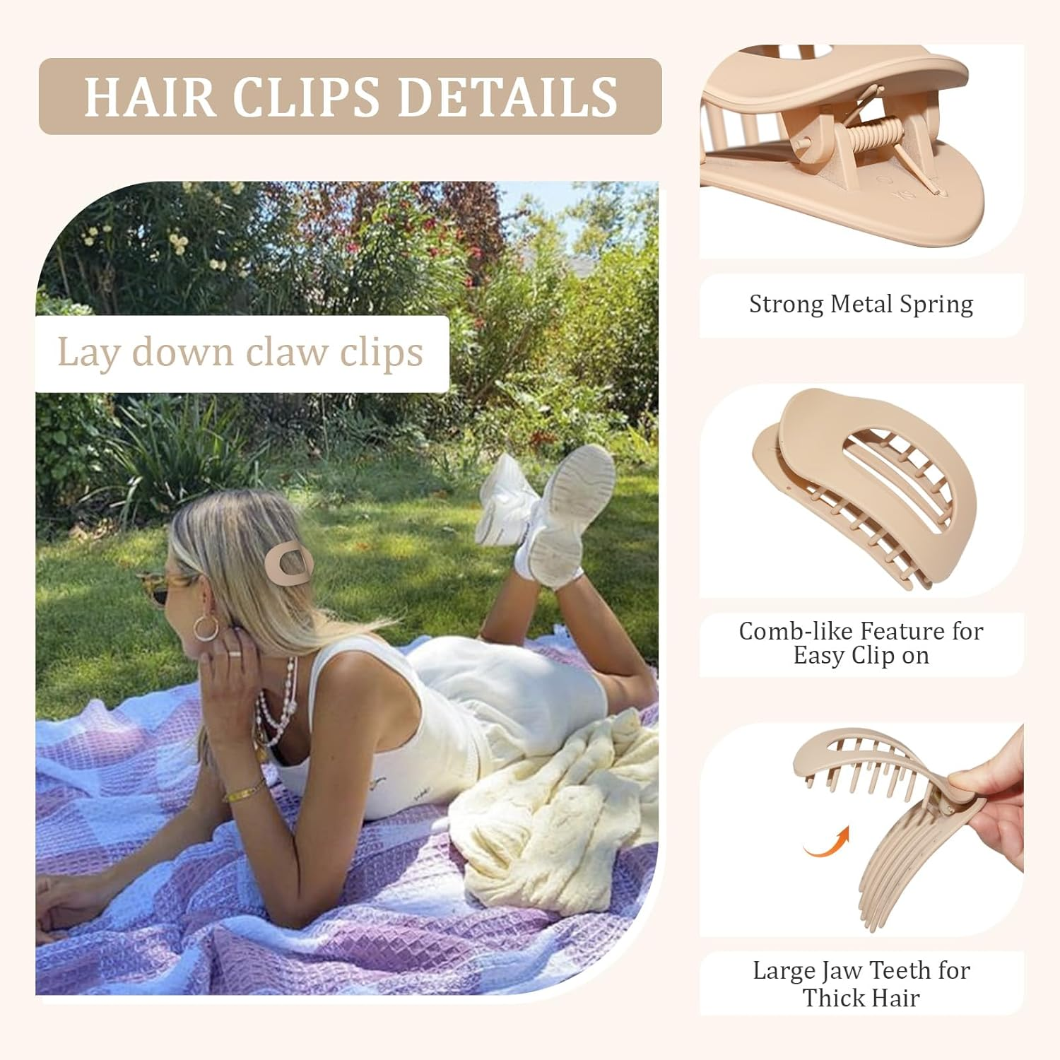 4" Large round Flat Hair Clips for Women - Strong Hold Lay down Claw Clamps Hair Barrettes Alligator Clip for Thick Thin Hair image number 5