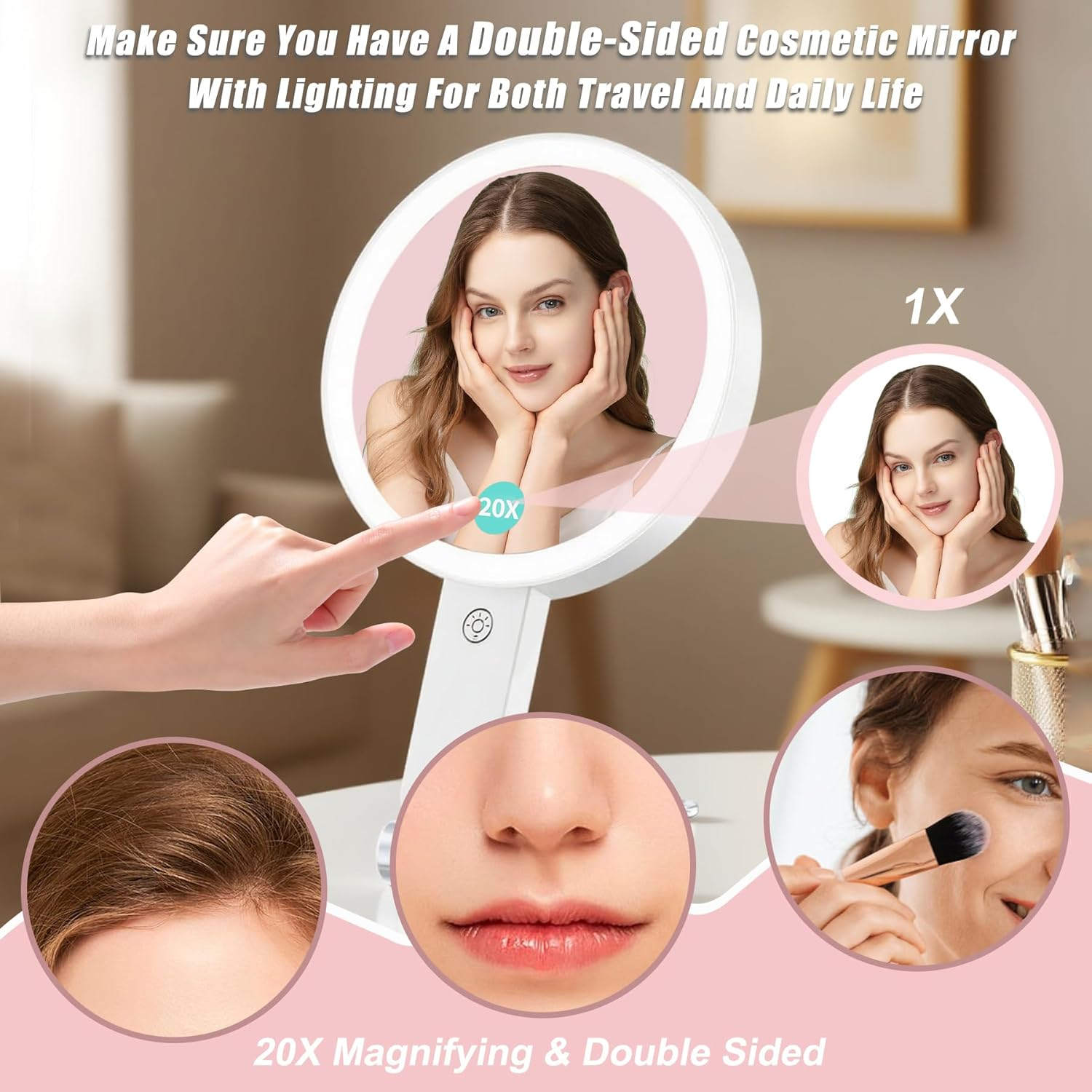 YQDUVNEY 20X Magnifying Mirror with Light Rechargeable Makeup Mirror, 3 Color Lighting Vanity Mirror, Portable Travel Handheld Mirror for Women image number 6