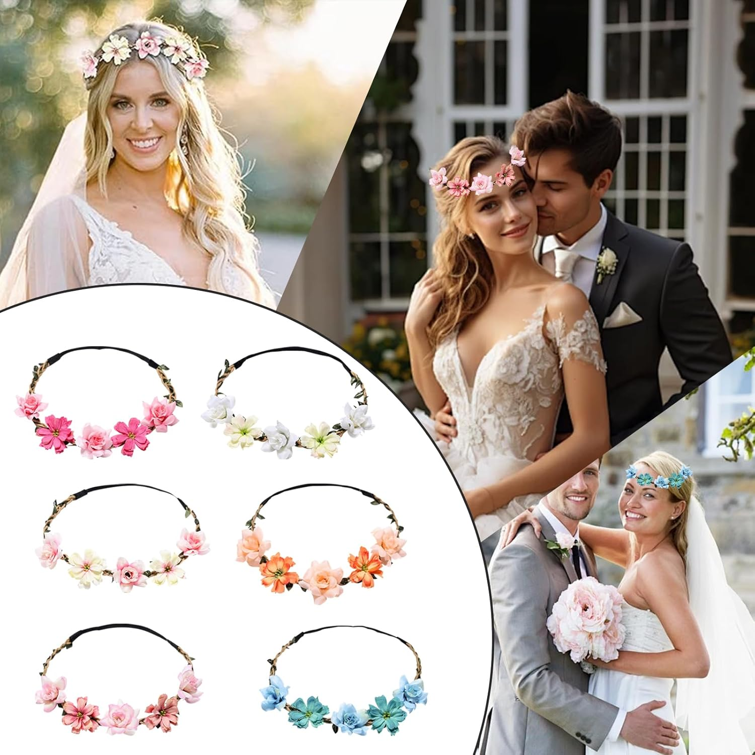 KASESSS 6 Pieces Flower Crown, Flower Headband, Multicolour Flower Hair Band, Floral Headband for Women Girls, Flower Crown Headband, Flower Wreath Hairband Festival Hair Accessories for Wedding Party