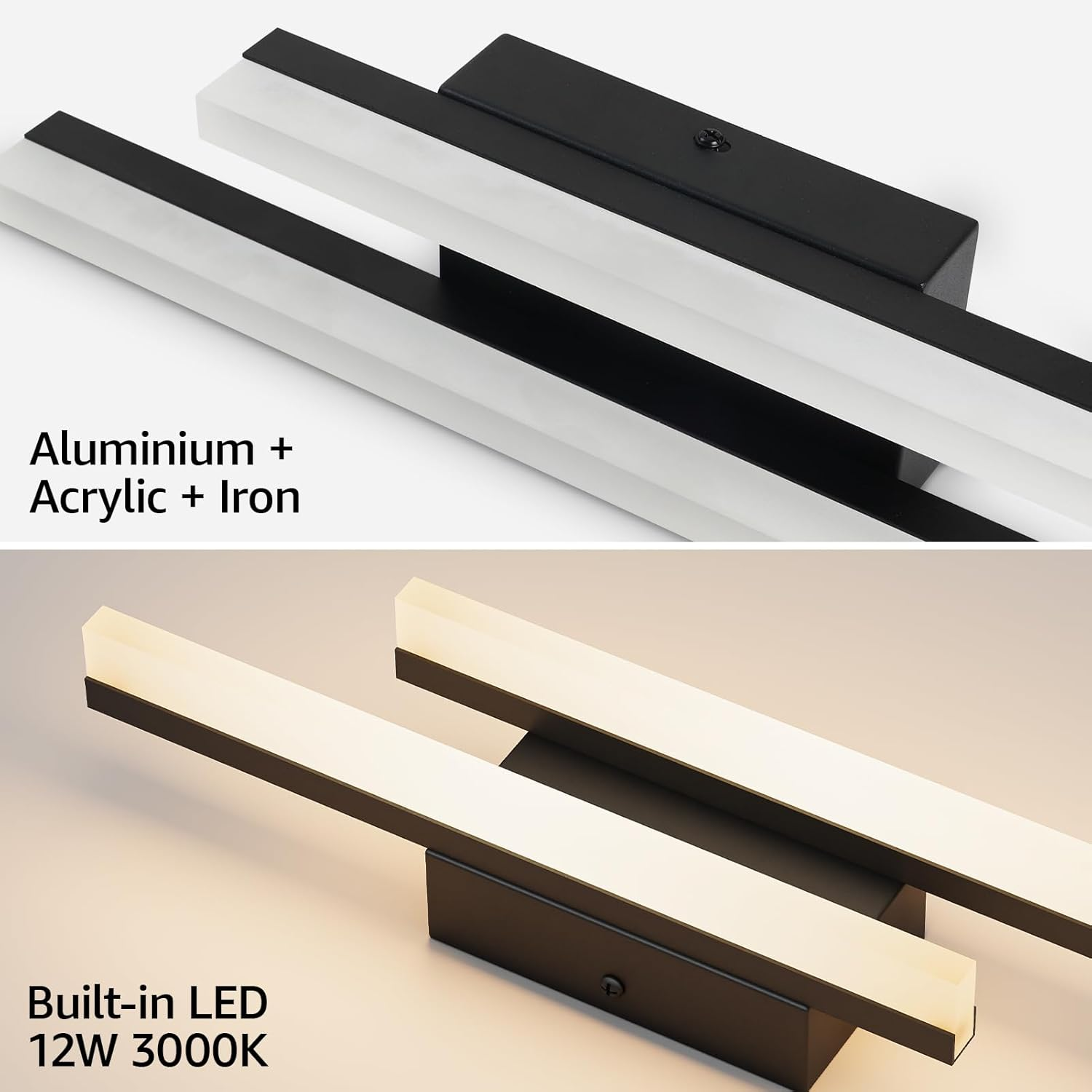 Klighten Mordern LED Wall Light 40 Cm, 12 W 850 LM Decorative Interior Light for Hallway, Bedroom, Living Room, Stairs, Warm White 3000K, Black