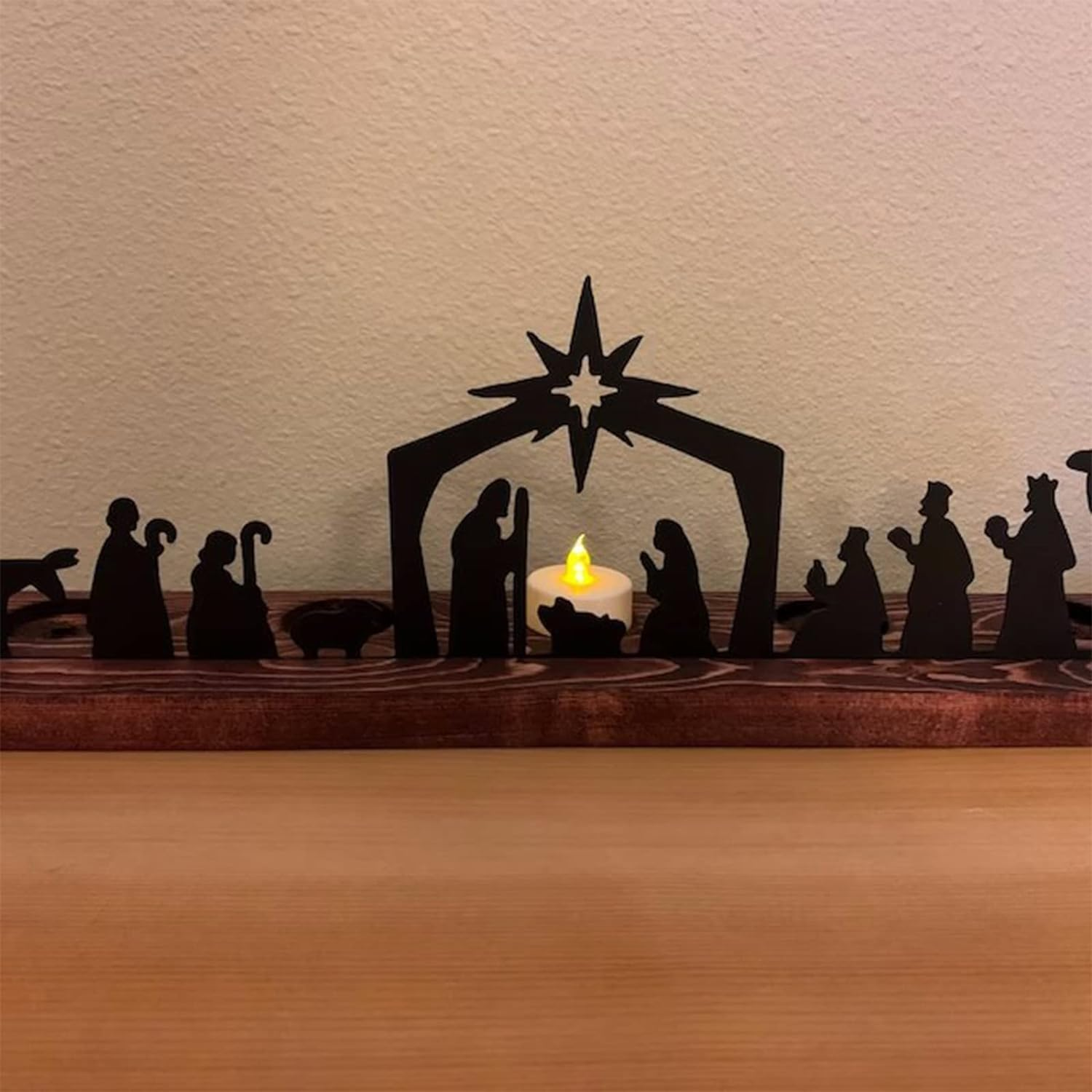Nativity Scene Sets, Nativity Sets for Christmas Indoor, Black Metal Nativity Scene with Wooden Base, People Nativity Set Decorations for Christmas Xmas Home Table Shelf(#1) image number 1