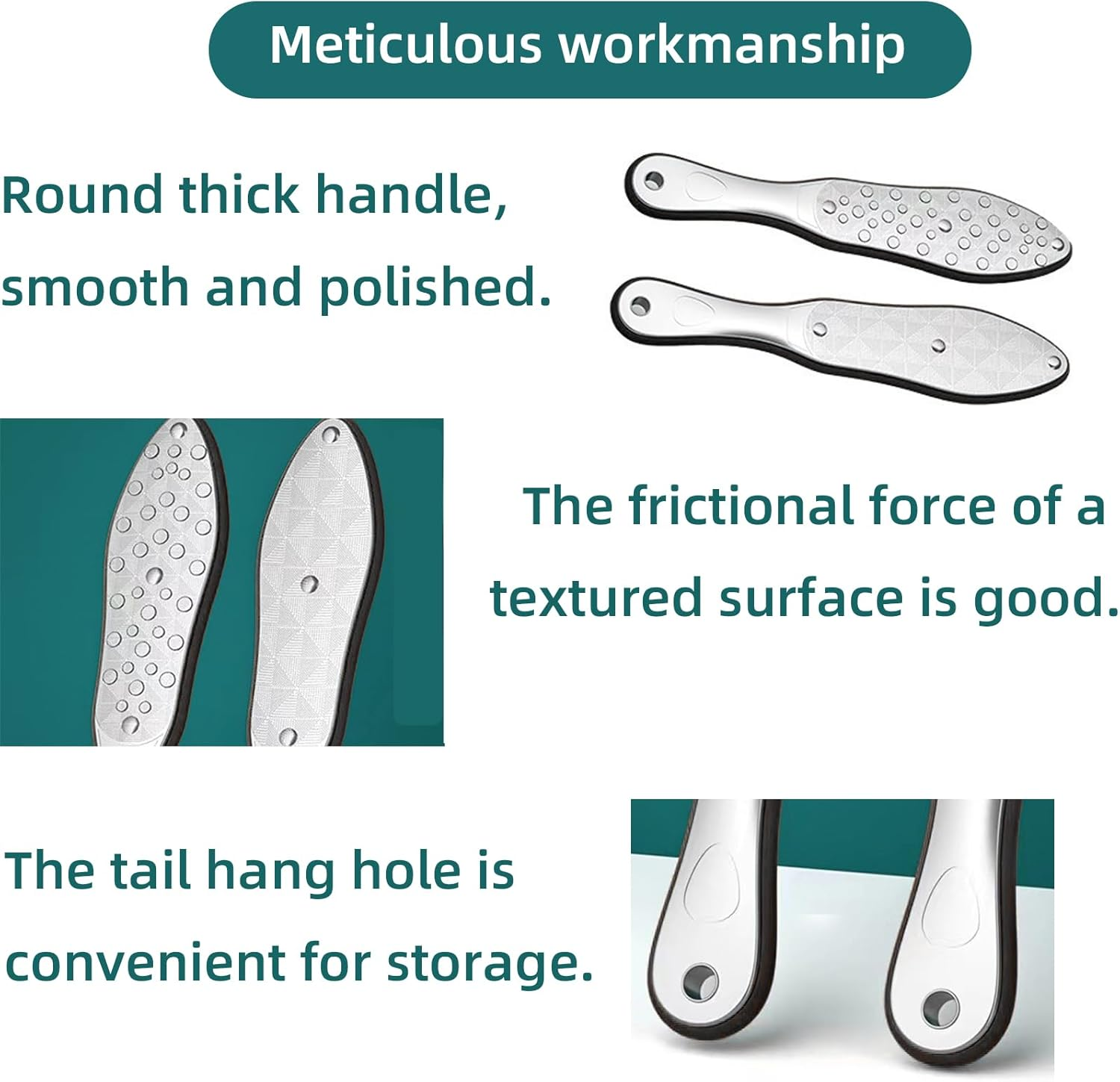 Suytvenxau Foot File Callus Remover - Double Sided Stainless Steel Foot Scrubber with Washable Design for Dead Skin, Horny Skin, Corns, and Cracked Heels, Portable Hanging Hole (Silver) image number 2