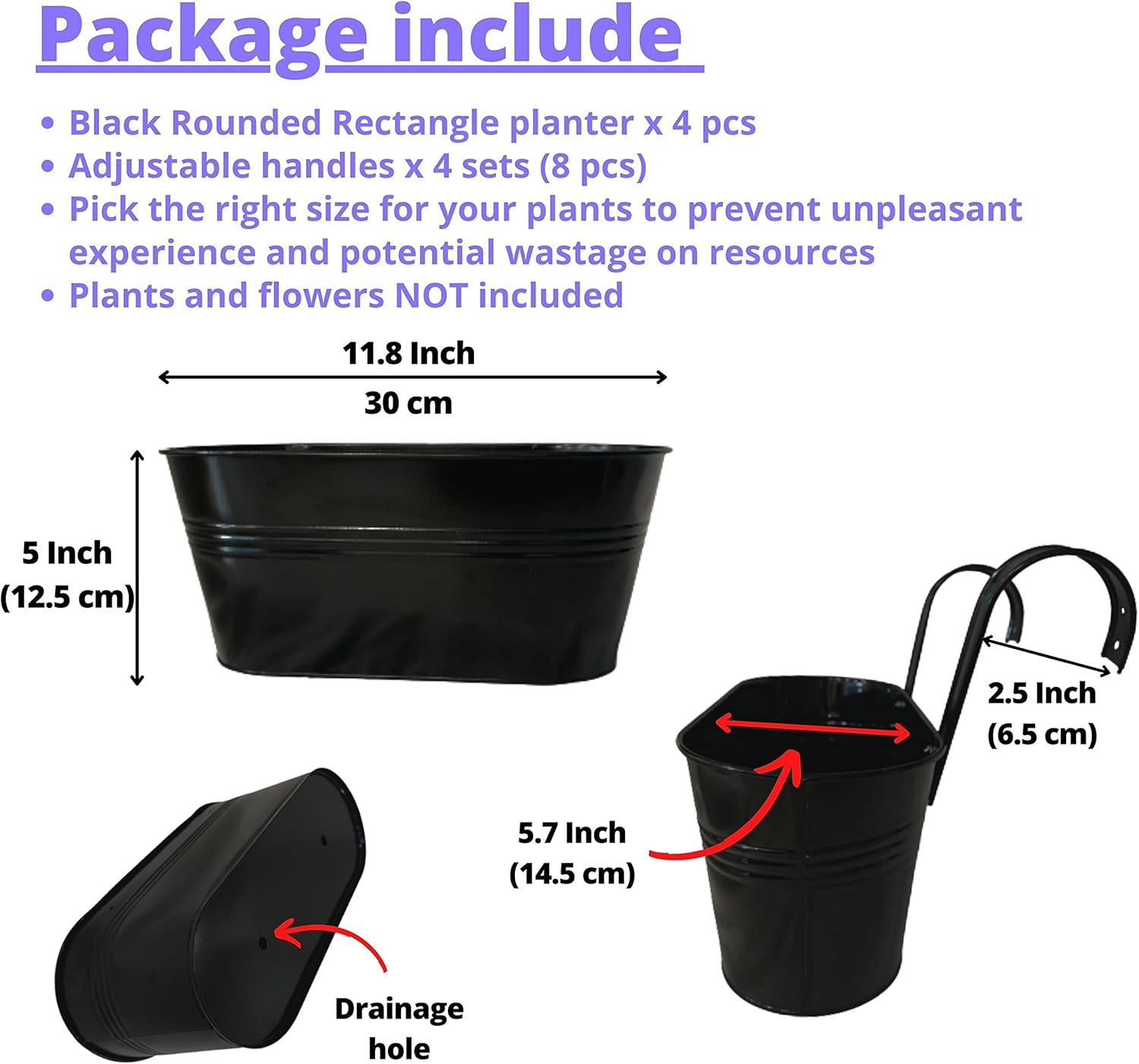 Lalagreen Outdoor Rail Planter (4 Pack, 11.8 Inch) Black Metal Iron Hanging Flower Pots Deck Railings Fence Buckets Modern Countryside Boho Style Wall Mount Window Box Plant Holder Hooks Porch Decor image number 1