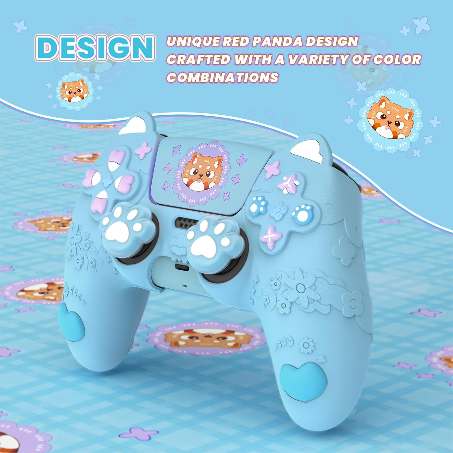Playvital Cute Spring Lesser Panda Silicone Cover for Ps5 Controller with Joystick Cap and Sticker, Anti-Grip Shockproof Skin, Compatible with Charging Station, Heaven Blue image number 3