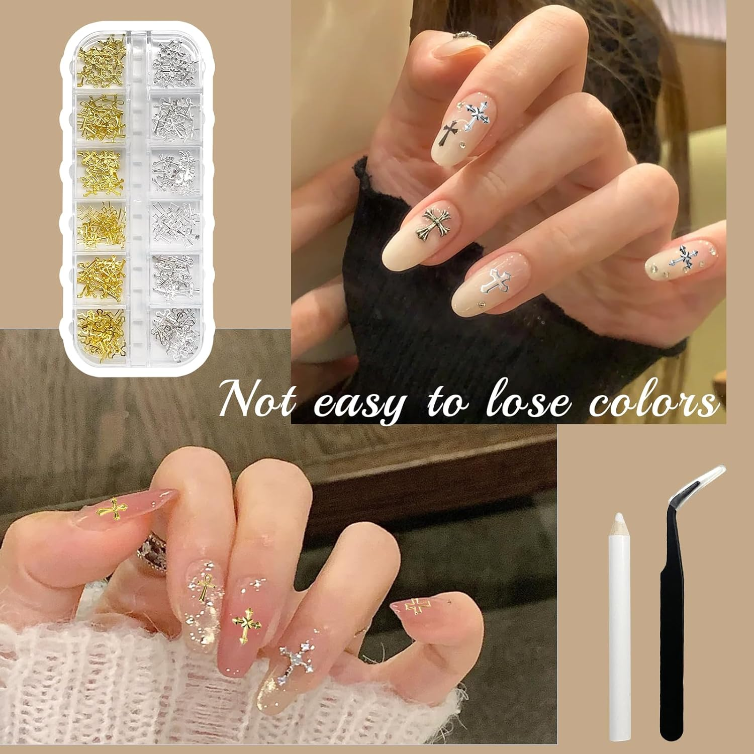 PEKLLOCY 1 Box 3D Gold & Silver Cross Nail Charms, Trendy Metal Cross Accessories for Elegant Manicure, DIY Nail Decorations, Retro Punk Style image number 4