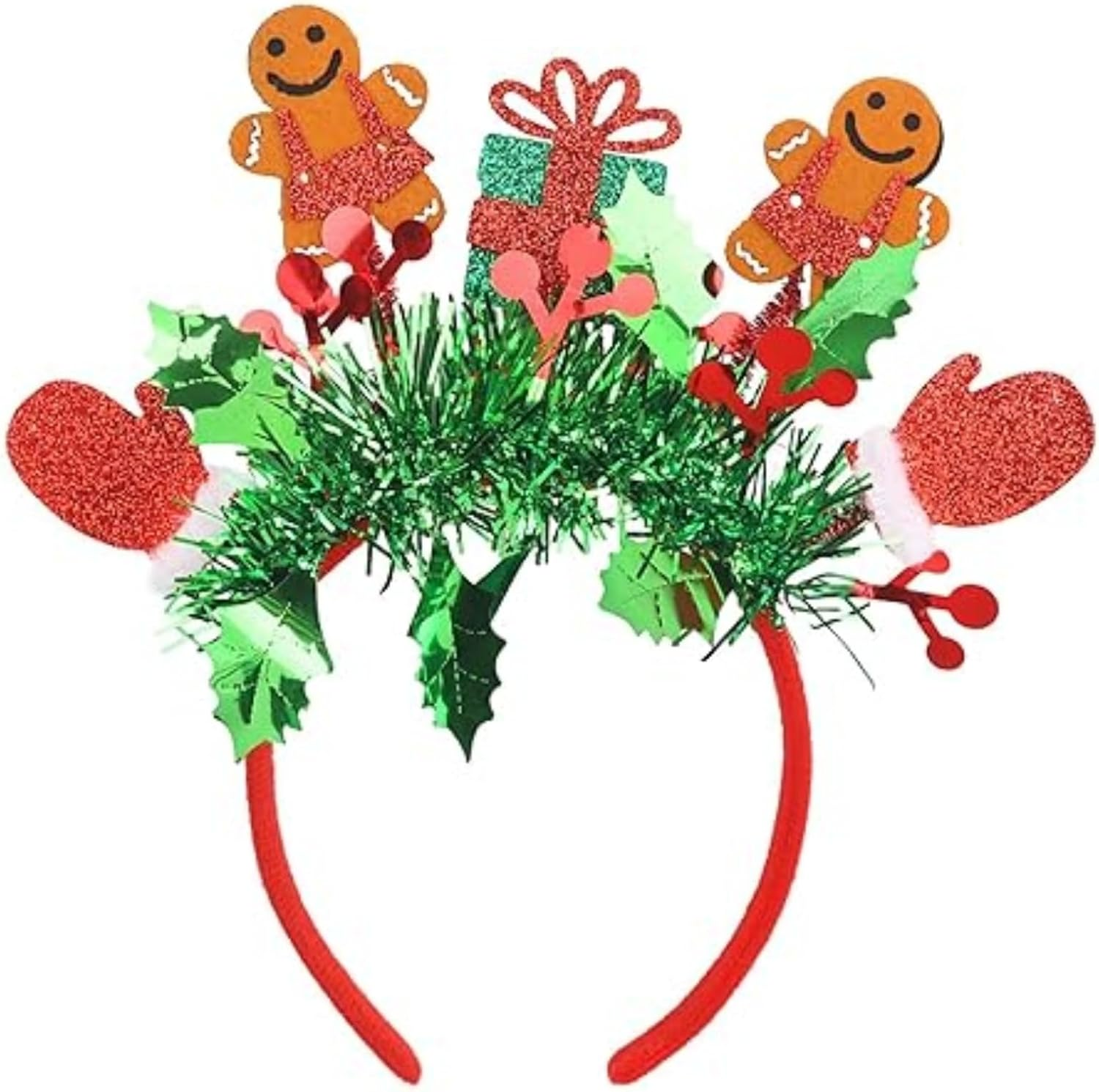 Itadaku Christmas Headband, Funny Gingerbread Man Hairband with Glitter Green Tassels, Festive Head Bopper for Women & Girls, Holiday Party Headdress Accessory image number 1