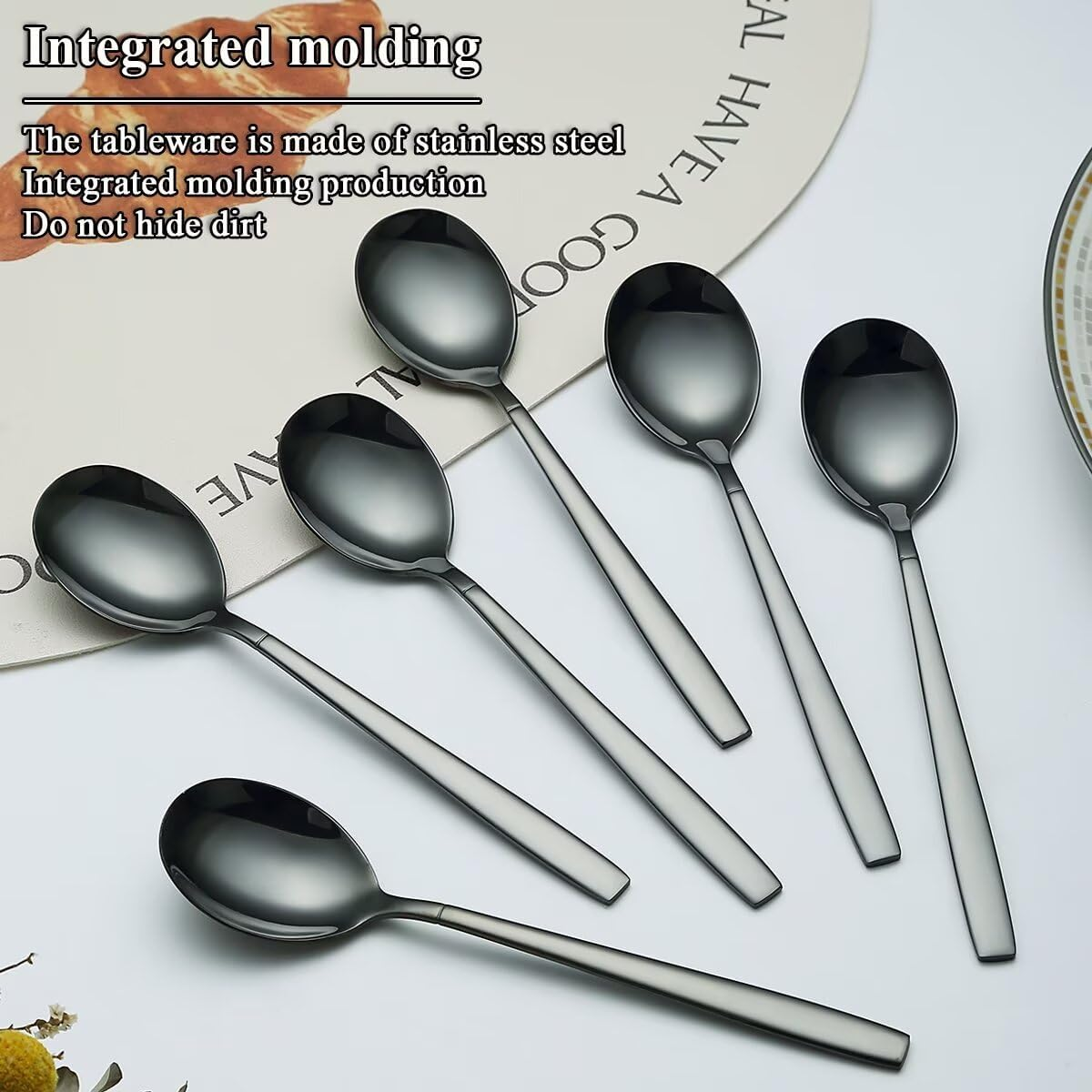 Berglander Black Spoon 12, Stainless Steel Titanium Shiny Black Electroplated Spoon Cutlery, Black Spoon Table Spoon Set - 3. Gold image number 7