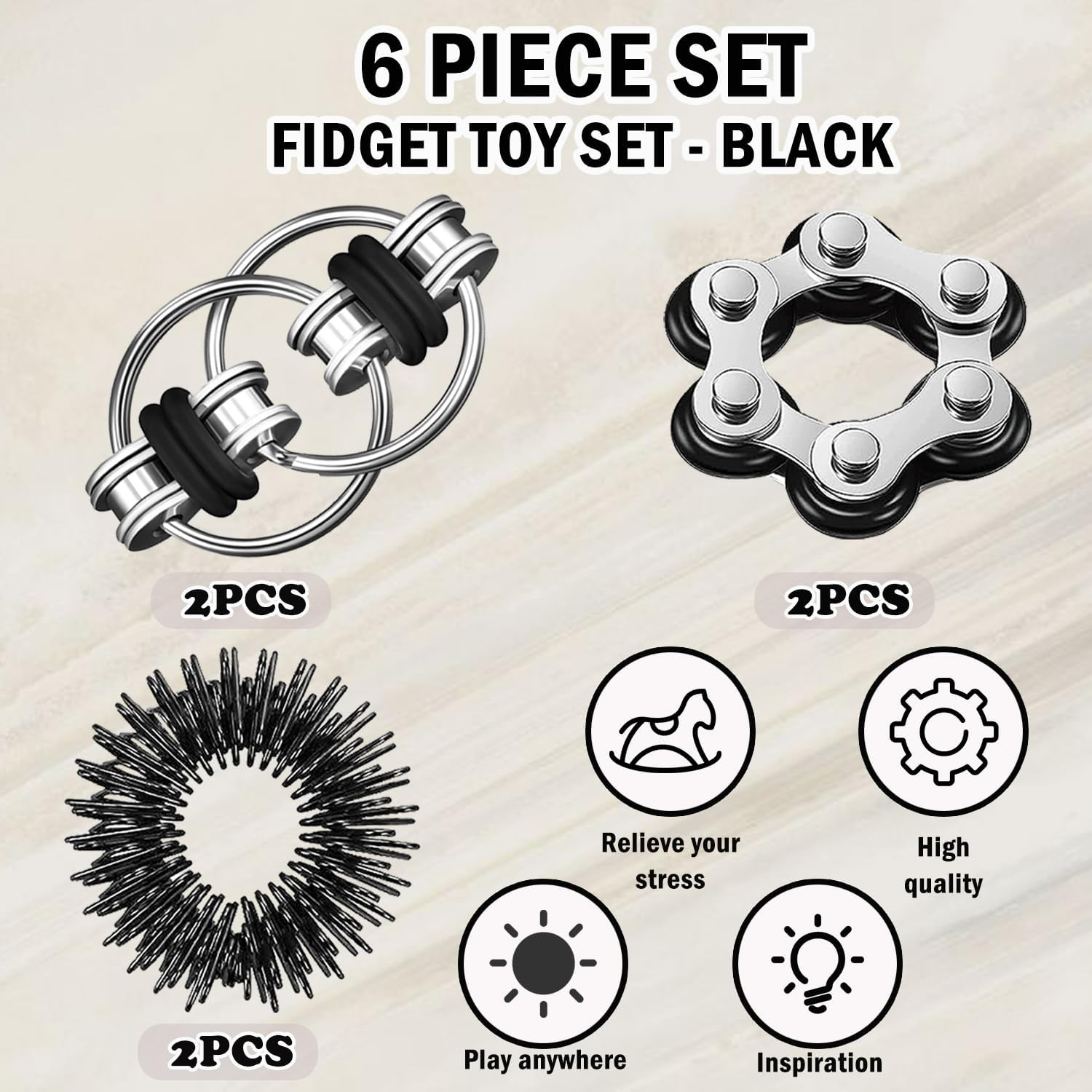 6-Piece Fidget Toys Set, Six Roller Chain & Key Flippy Chain, Acupressure Ring, Anti-Stress Toy for Adults and Children (Black) image number 5