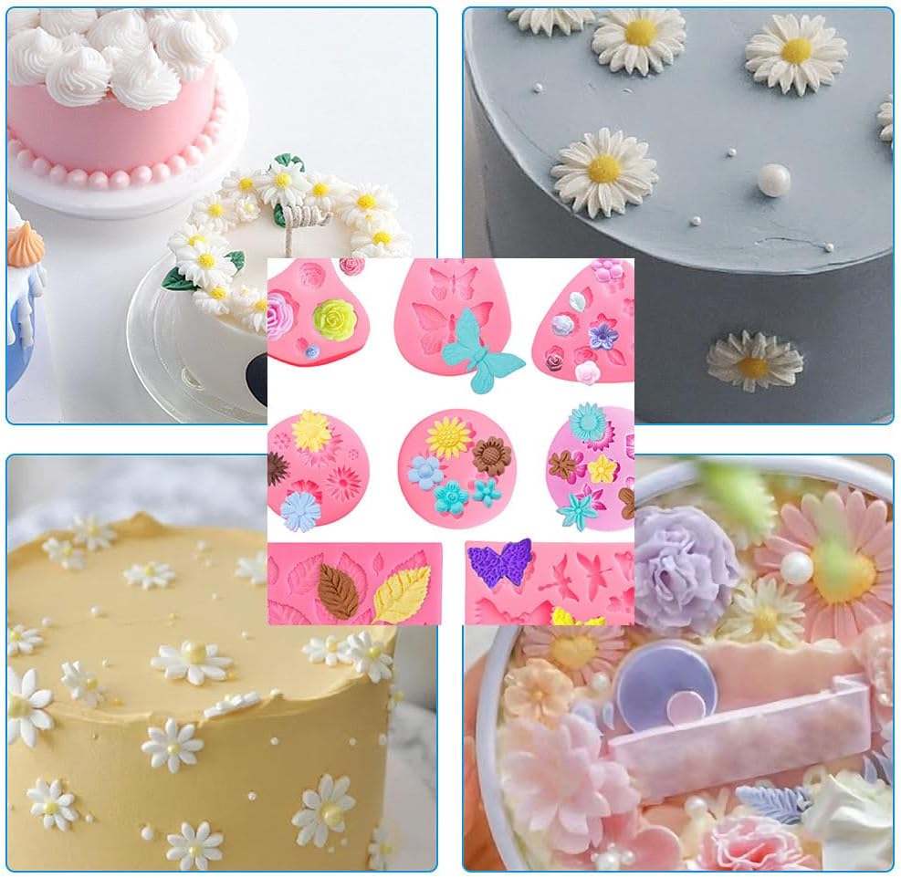 8 Pcs Fondant Silicone Molds Set, Esforzarse Mini Flower Butterfly Molds Leaf Molds, Rose Butterfly Daisy Rose Leaf DIY for Chocolate Candy Dessert Cake Decorating(Pink) image number 4