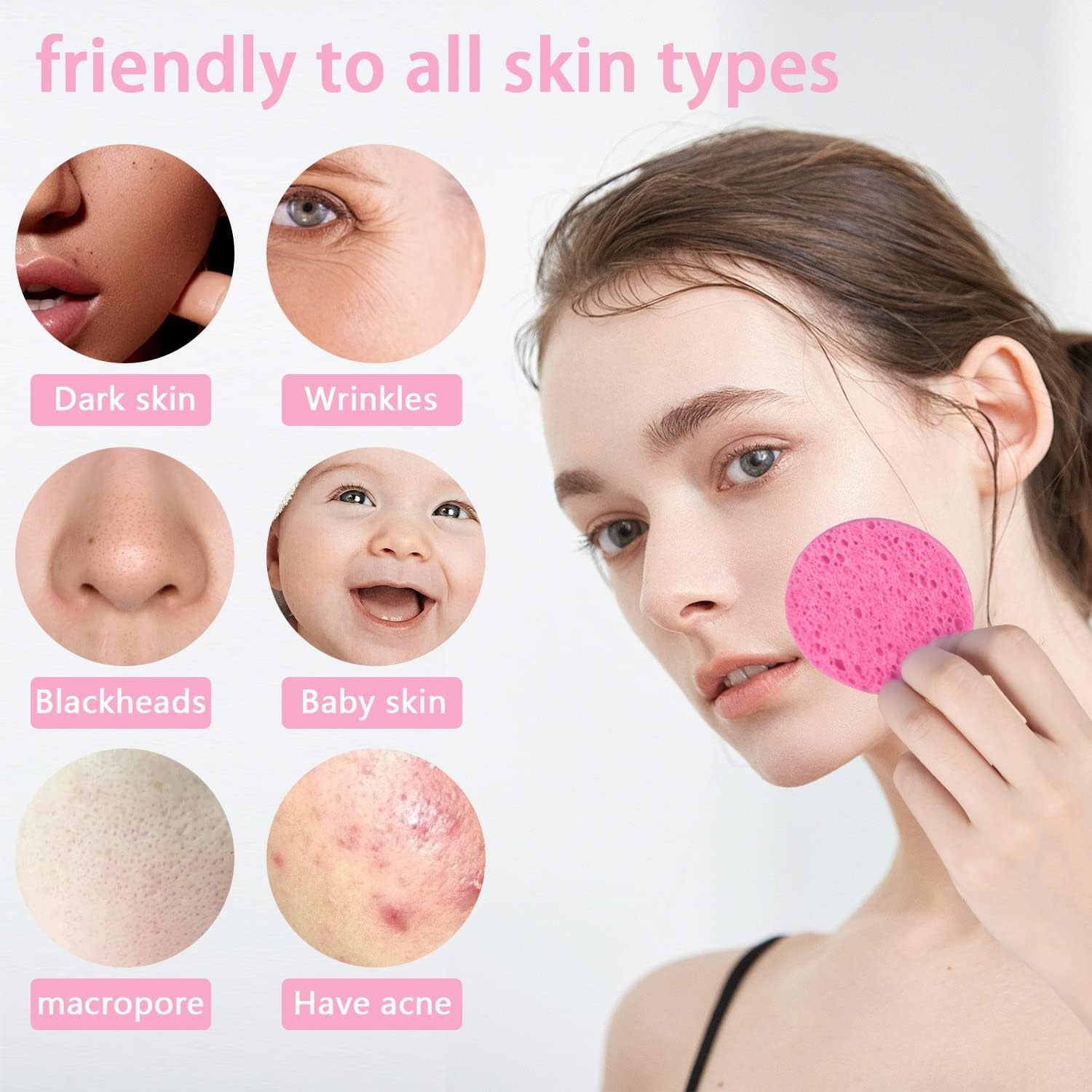 Spunspon 50-Count Facial Sponges, Compressed Natural Cellulose, Pink, round Shape, Face Cleansing, Exfoliating, Makeup Removal