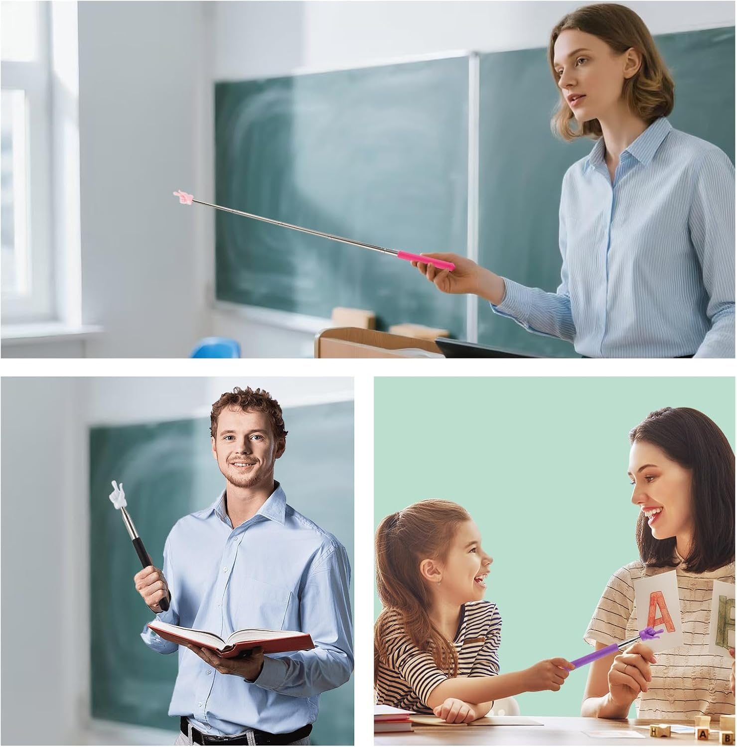 4 Pcs Telescopic Teachers Pointer for Classroom, Extendable Hand Pointer Finger Pointer Stick, Mini Retractable Pointing Stick for Elementary School Kindergarten Teacher, Black/Blue/Pink/Purple image number 2